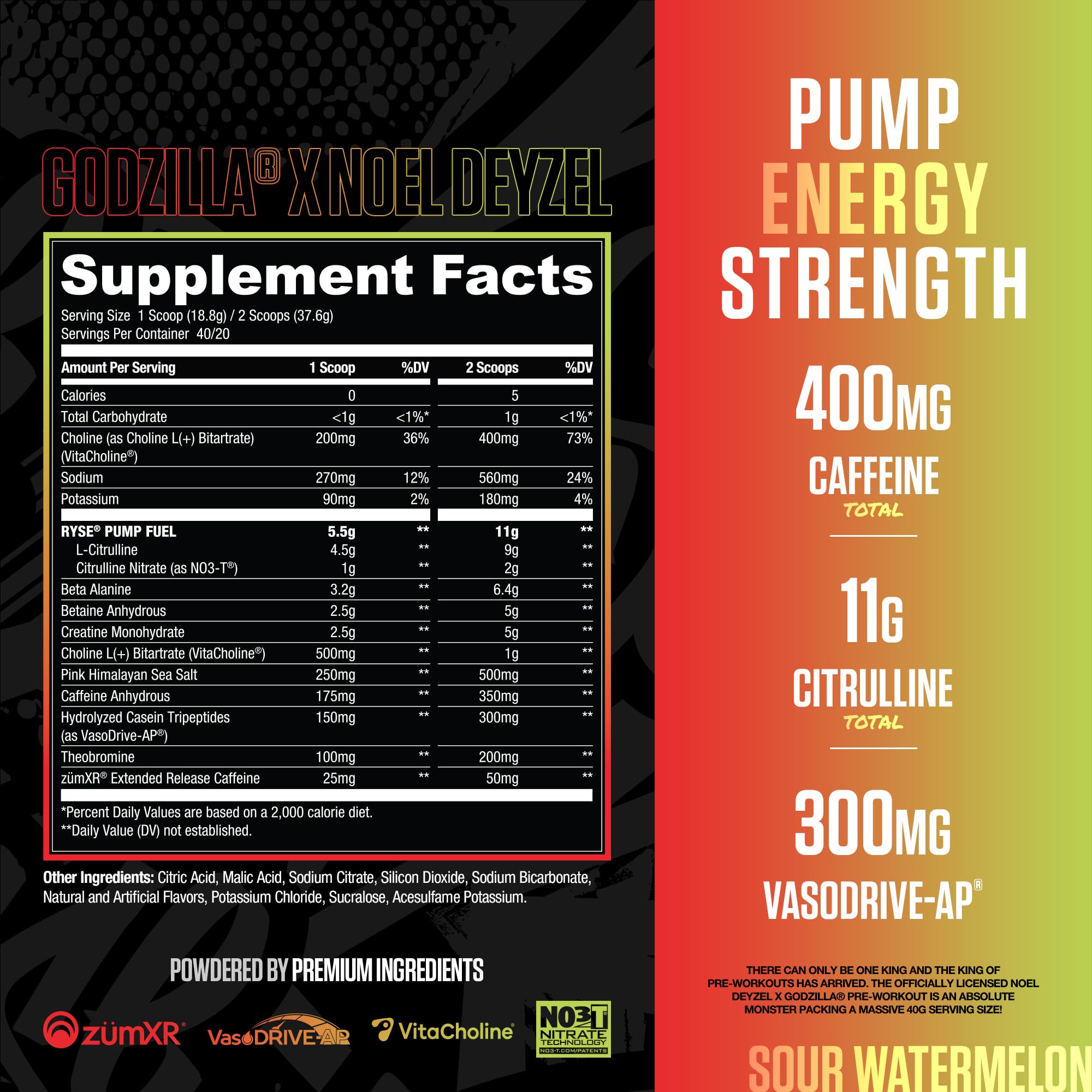RYSE Godzilla X Noel Deyzel Pre Workout Powder - BlackBerry Lemonade - 400mg Caffeine, High Stim Pre-Workout for Men & Women with Citrulline & Beta Alanine - Energy, Pump & Focus - 20/40 Servings