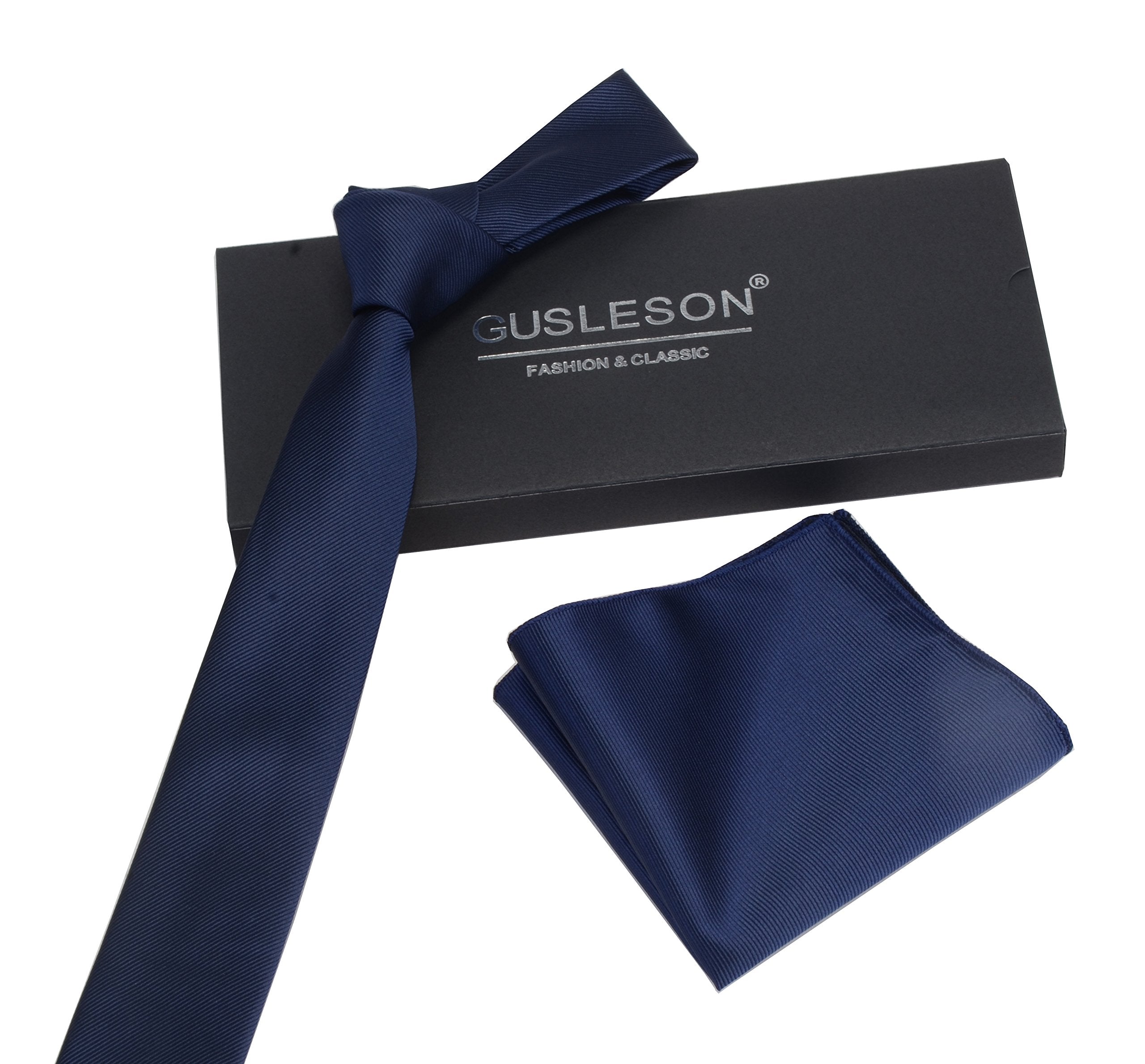 GUSLESON 2.4" Slim Necktie and Handkerchief Set For Men Solid Skinny Tie Set