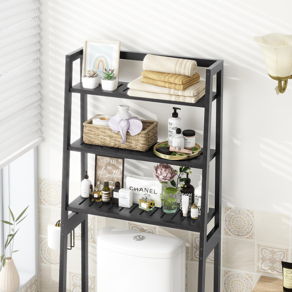 MallKing Over The Toilet Bathroom Organizer, Wooden 3-Tier Over-The-Toilet Storage Rack Bathroom Space Saver Organizer, Freestanding Above Toilet with Toilet Paper Holder and Hooks (Black)