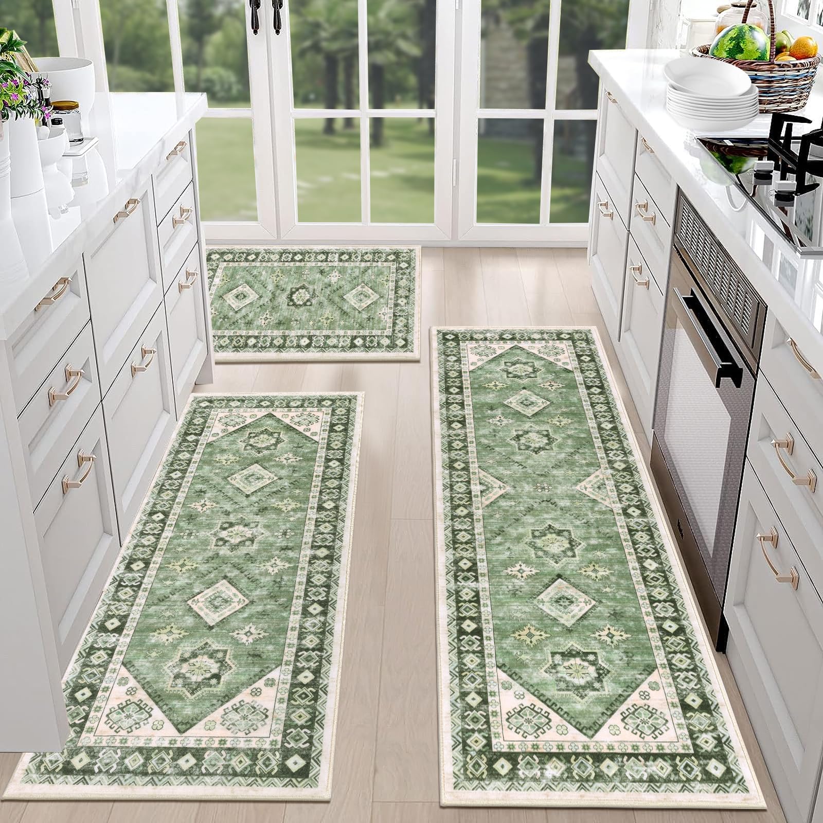 HEBE Boho Kitchen Rug Sets 3 Piece with Runner Non Slip Kitchen Rugs and Mats Washable Kitchen Mats for Floor Thick Kitchen Floor Mat Carpet Runner Rugs for Hallway Laundry Holiday Decor