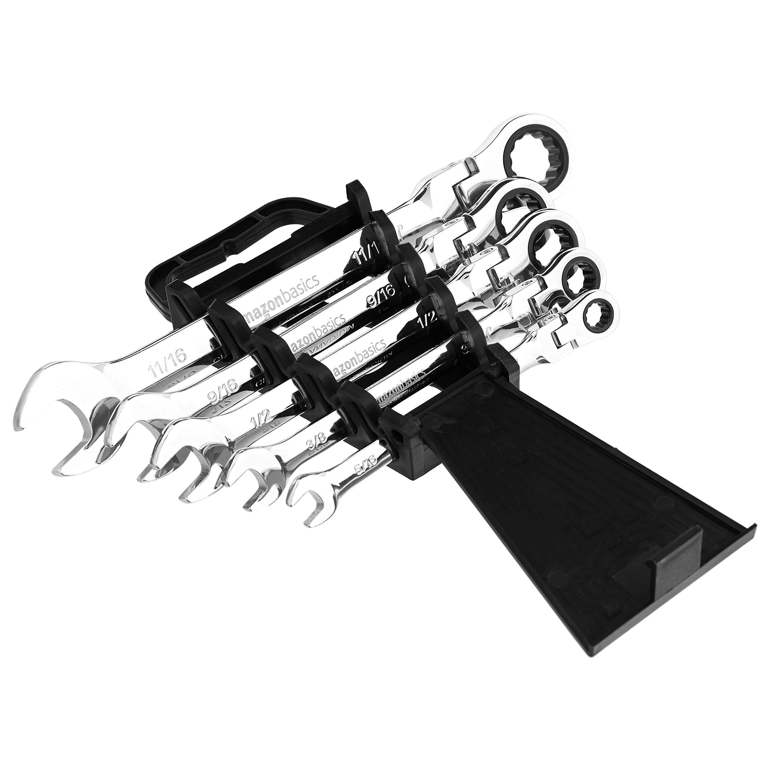 Amazon Basics 72-Tooth Ratcheting Combination Wrench Set, Chrome Vanadium Steel Flexible Head, 5-Piece SAE Sizes 5/16", 3/8", 1/2", 9/16", 11/16", Chrome Finish