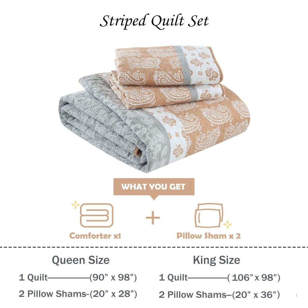Yellow Quilts Queen Size, Paisley Comforter Set Queen Cotton Bed, Yellow Grey White Comforter, Striped Bedding Queen Size, Lightweight Luxury Bedspread,3 Piece