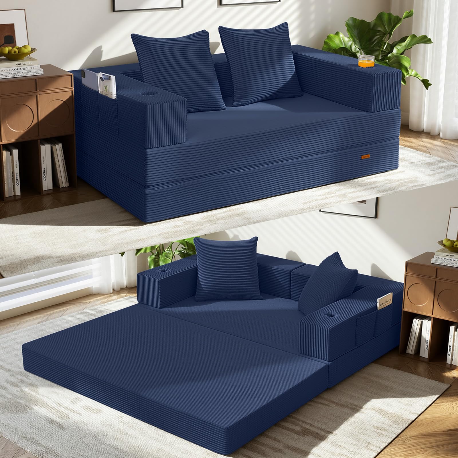 COMAX Futon Sofa Bed, 4‑in‑1 Convertible Sofa Bed, Folding Boneless Couches | Boneless Couch for living room, Fold Out Small Foldable Loveseat Floor Sleeper Mattress Lounge Space‑Saving, Ash Gray