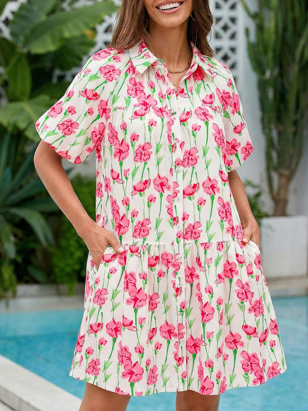 Wenrine Women's Summer Button Down Shirt Dress Floral Puff Short Sleeve Casual Loose Fit Beach Mini Dresses