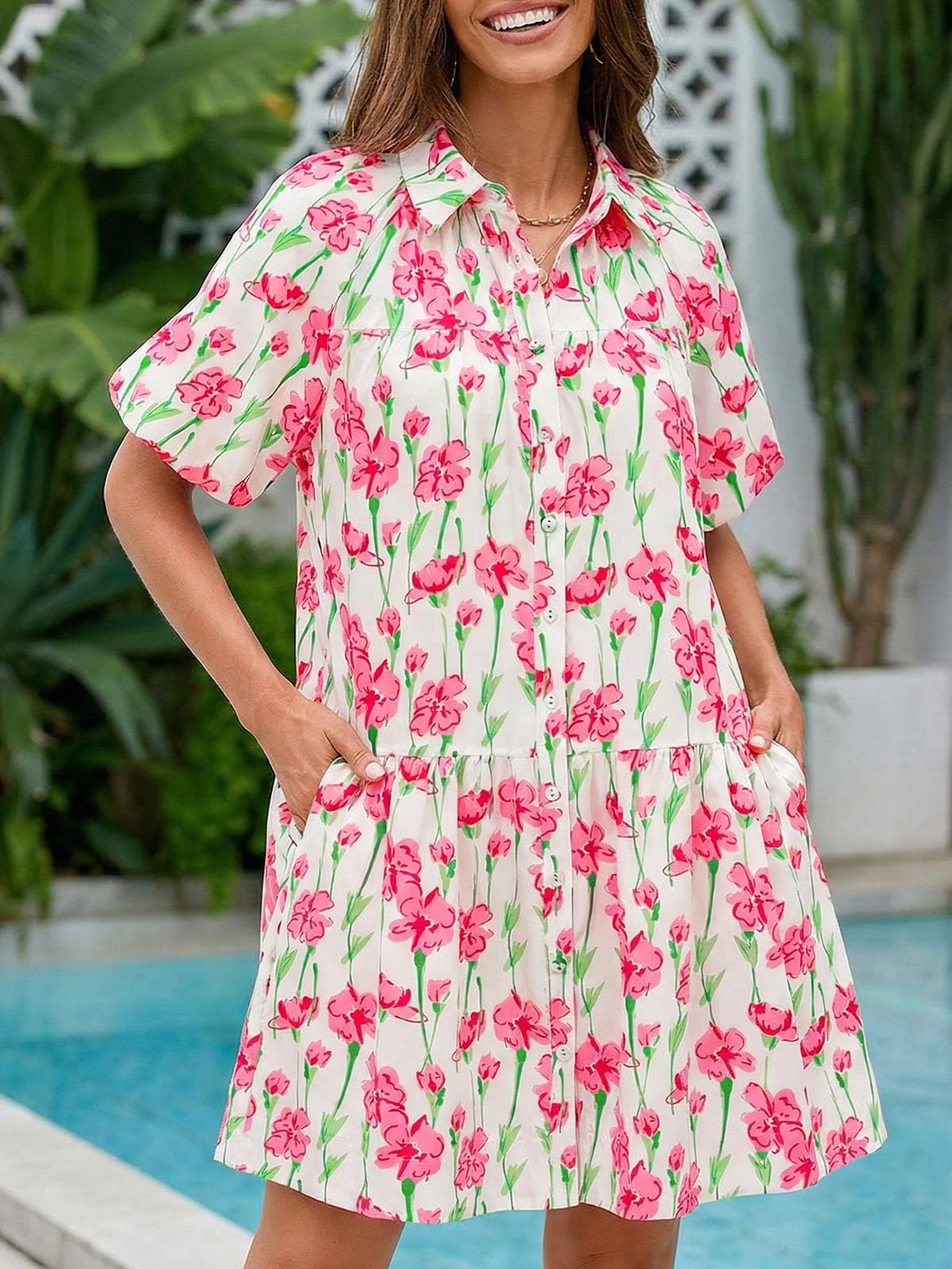 Wenrine Women's Summer Button Down Shirt Dress Floral Puff Short Sleeve Casual Loose Fit Beach Mini Dresses