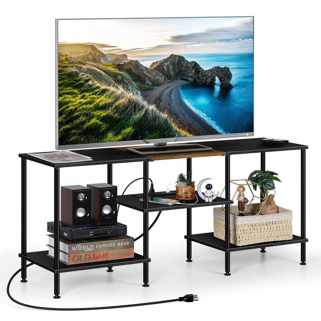 OYEAL Black Bedroom TV Stand with Power Outlets up to 50 inch TV, Small Entertainment Center Stand with Storage Modern Media TV Console Table for Living Room Bedroom