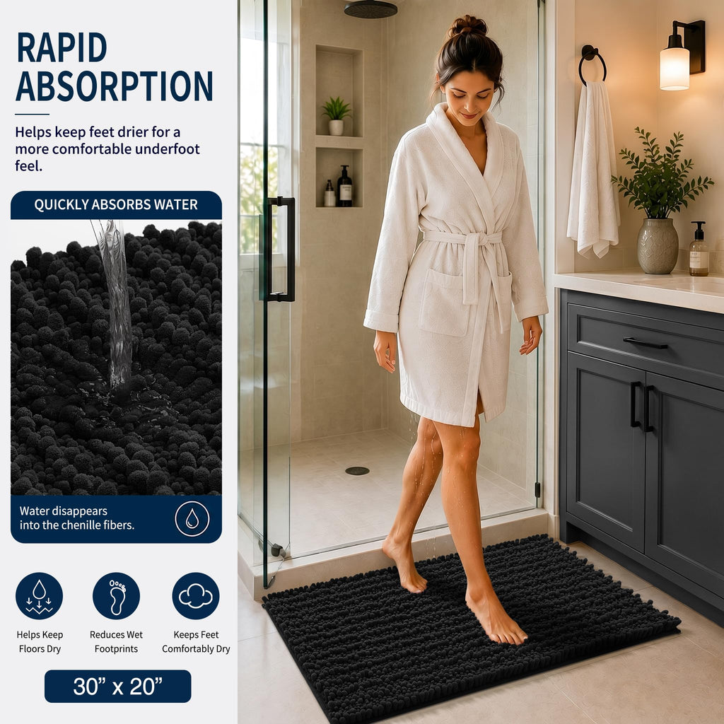 Yimobra Black Bathroom Rug Set 3 Piece - Super Absorbent Quick Dry Chenille Bath Mats & Toilet Rug, Non Slip Machine Washable, Extra Thick Shaggy Floor Mat for Shower Tub Sink