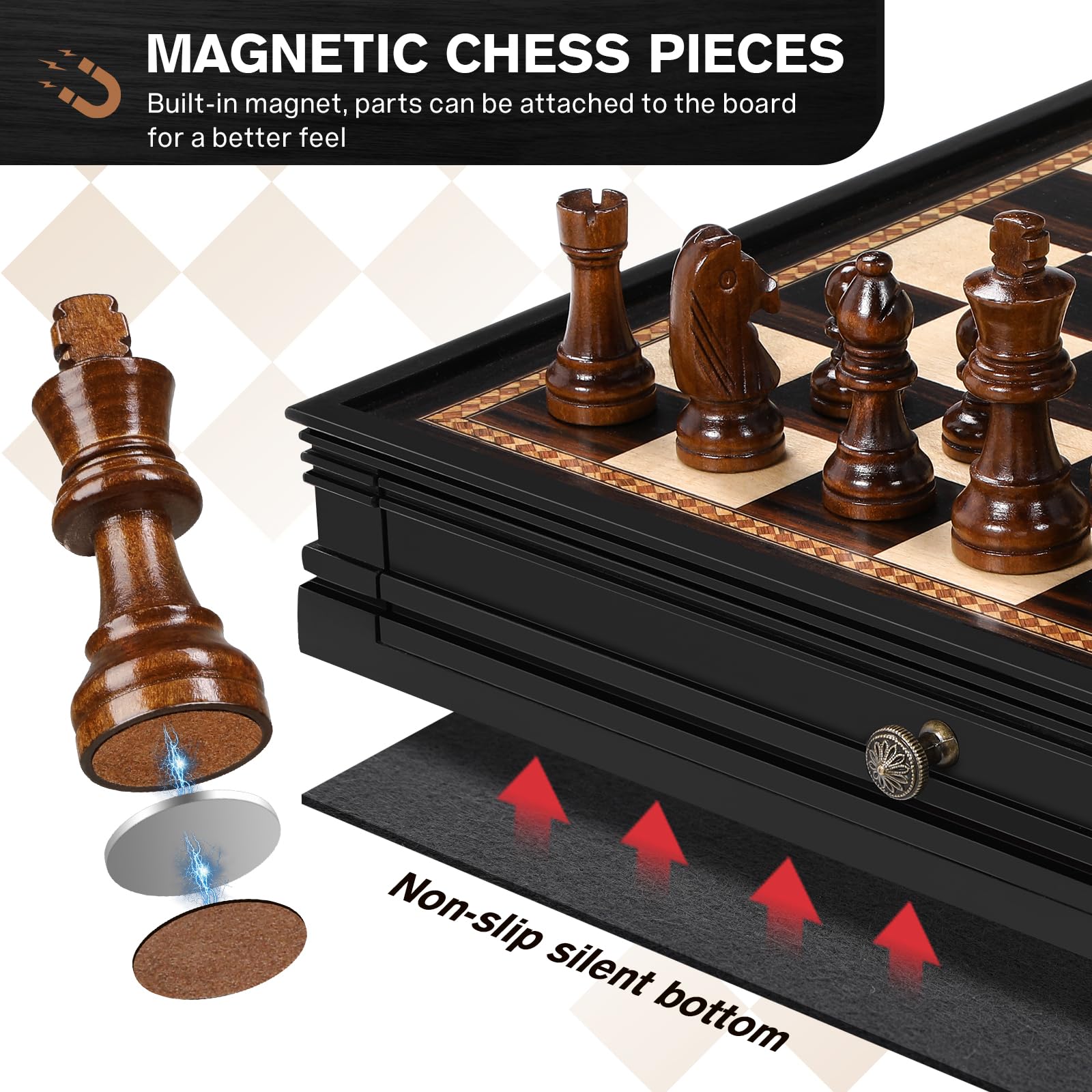 Peradix Magnetic Chess and Checkers Set with 2 Built-in Storage Drawers, Classic 2 in 1 Wooden Board Games, Magnetic Chess Pieces 2 Extra Queens, 12.8" Chess Set for Adults and Kids Gift Package