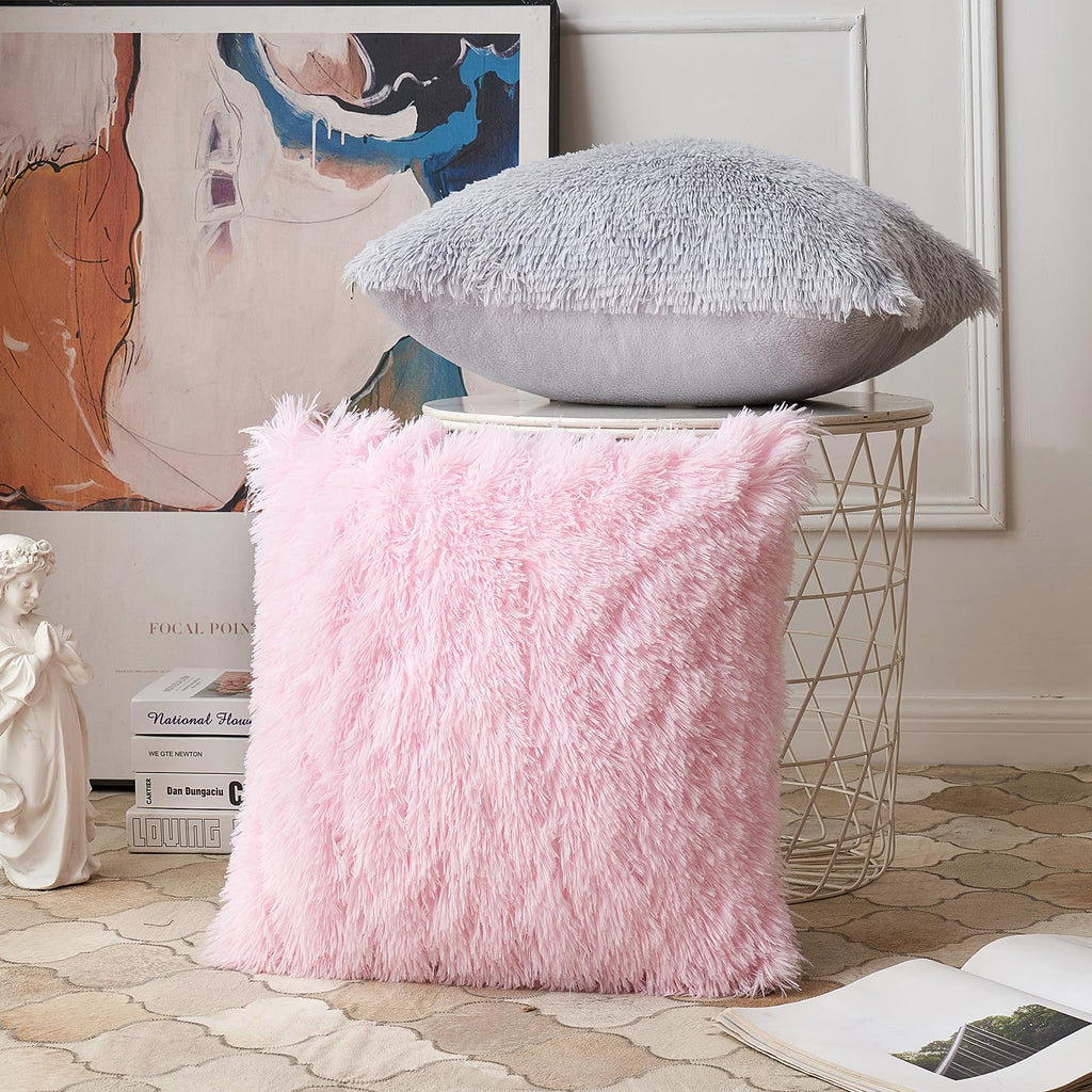 ANRODUO Pack of 2 Baby Pink Throw Pillow Covers Luxury Fluffy Pillows Faux Fur Decorative Pillows Plush Cushion Case Fuzzy Mongolian Merin Style for Bed Couch Sofa Living Room Summer Decor 16x16 Inch