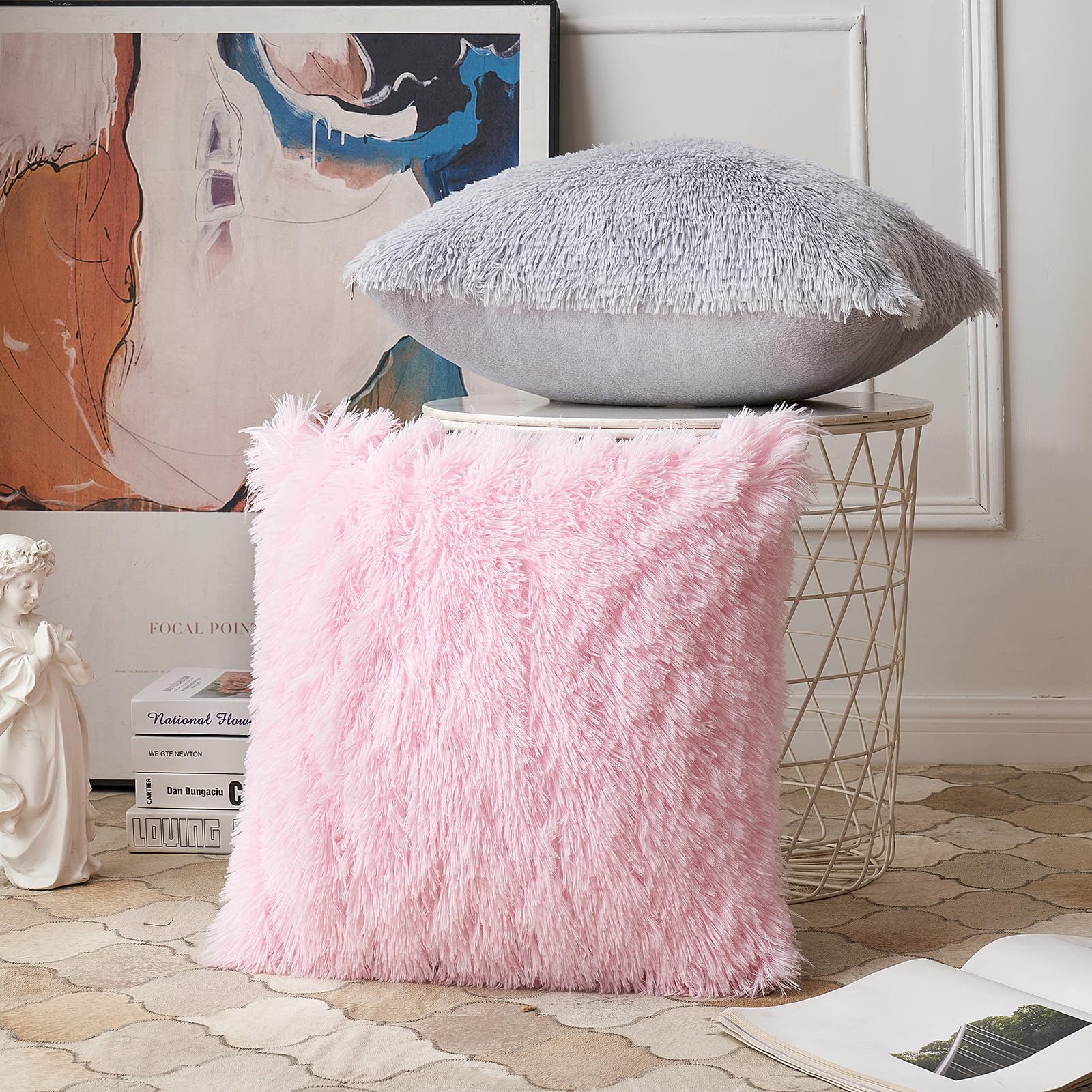 ANRODUO Pack of 2 Baby Pink Throw Pillow Covers Luxury Fluffy Pillows Faux Fur Decorative Pillows Plush Cushion Case Fuzzy Mongolian Merin Style for Bed Couch Sofa Living Room Summer Decor 16x16 Inch
