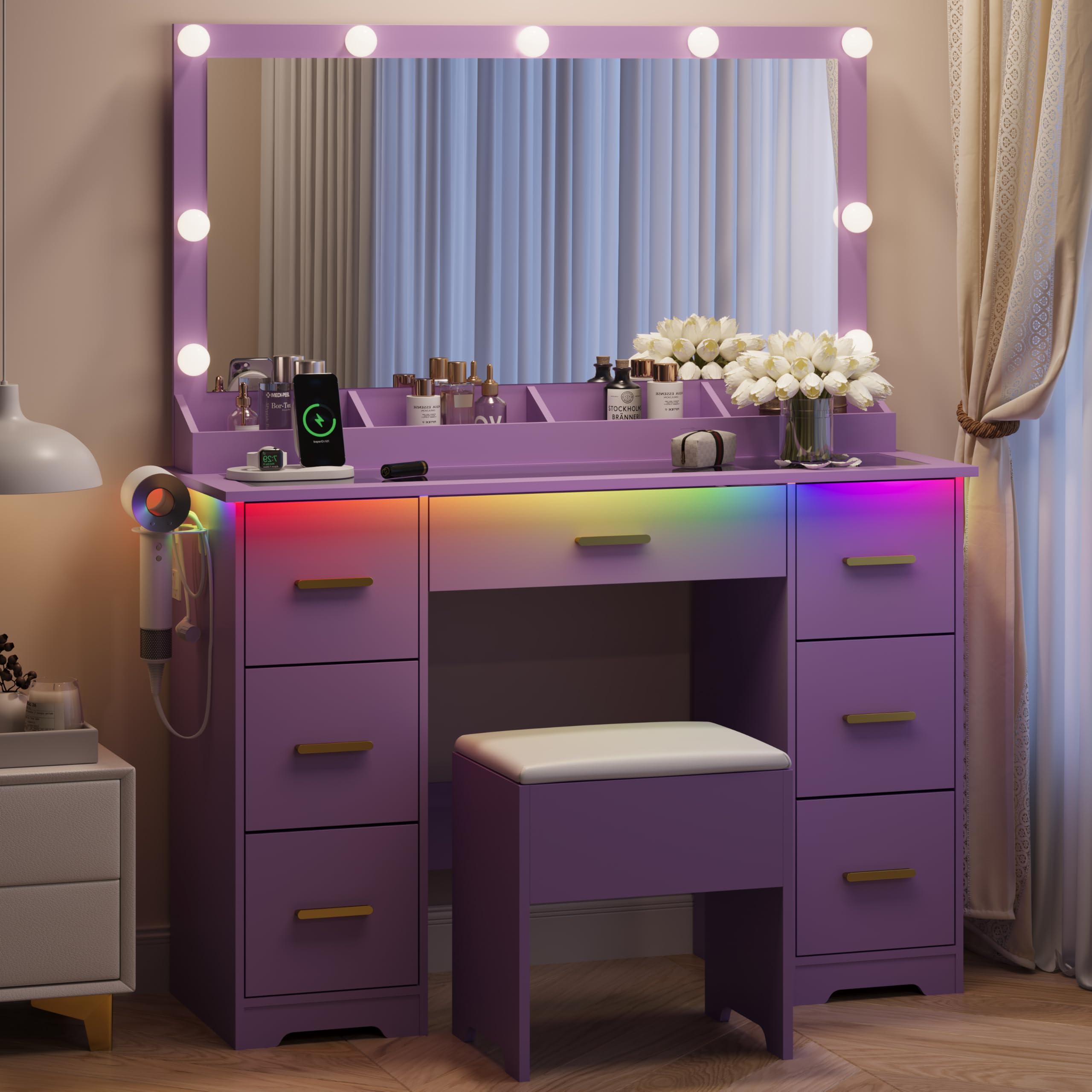 BORNOON 45” Fluted Makeup Vanity Desk with Mirror and Lights, Glass Top Dressing Table with 5 Drawers, LED Lighted Adjustable Cabinet, Trays & Charging Station for Bedroom Dressing Room