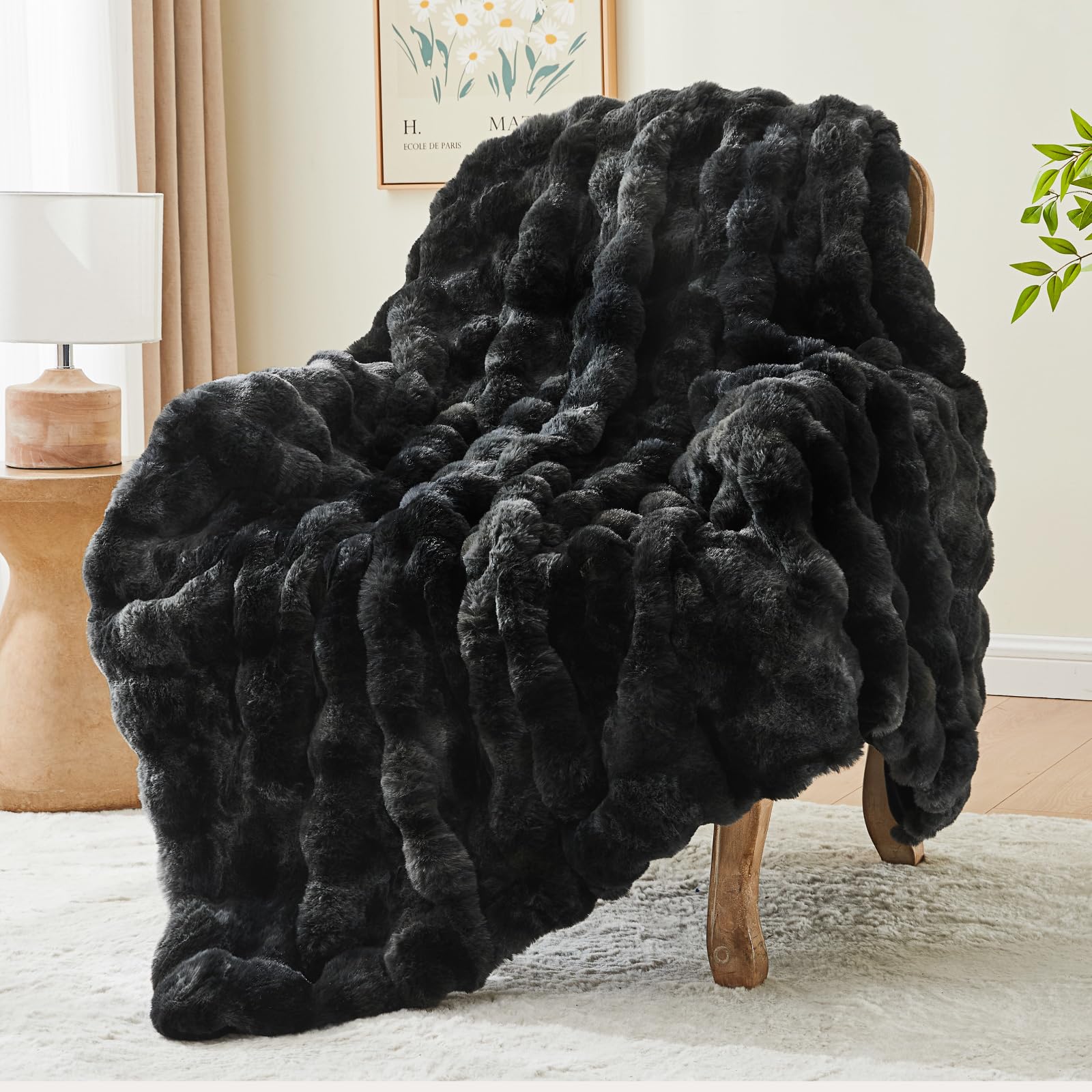BEDELITE Faux Fur Throw Blanket, Soft Cozy Plush Dark Grey Bubble Blanket for Couch Sofa Bedroom Living Room Decor - 870GSM Thick Warm Fuzzy Fluffy Faux Rabbit Fur Blanket, 50x60 Inches