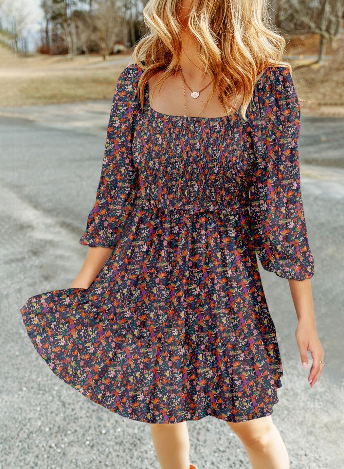 Dokotoo Fall Dresses for Women 2025 Boho Floral Square Neck Smocked 3/4 Sleeve Casual A-Line Swing Mini Dress Sundress