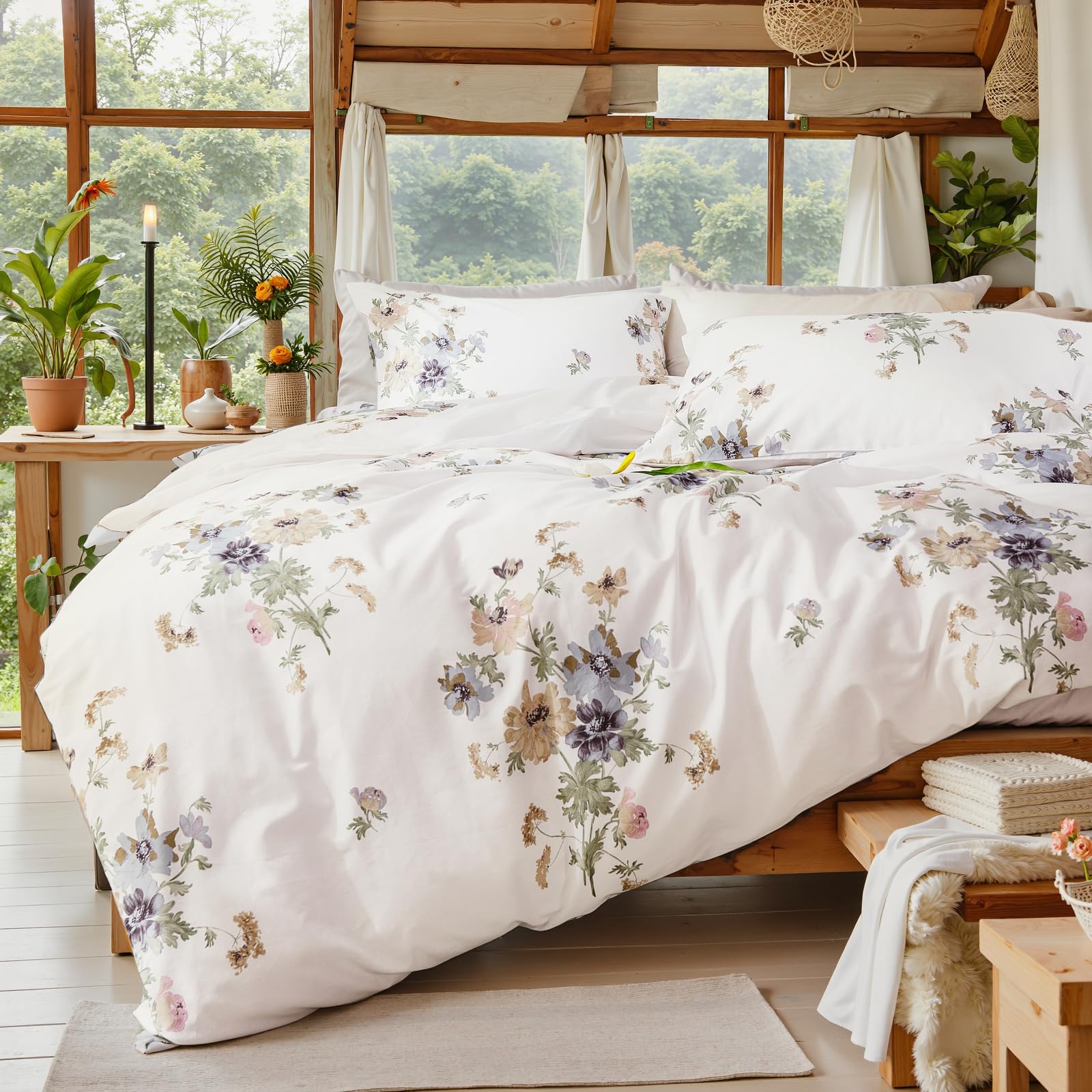 100% Natural Cotton Comforter Set Queen 3 Pcs Grayish Blue Bedding Sets with Luxurious Damask Pattern, Reversible Breathable Soft Comforter Sets for All Season