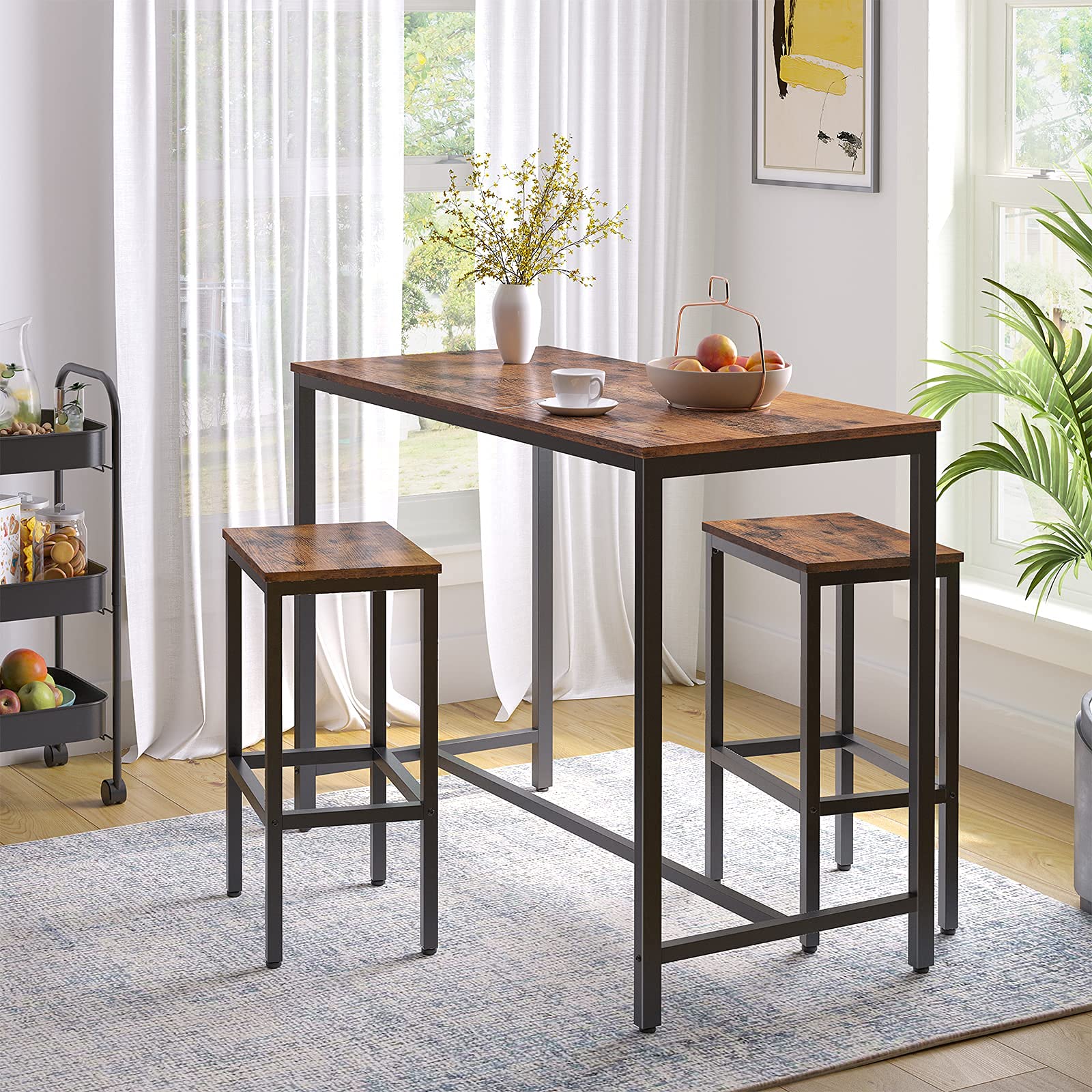 Rectangular Pub Bar Table & Stools Set, 3-Piece Breakfast Table, Grey, HOOBRO