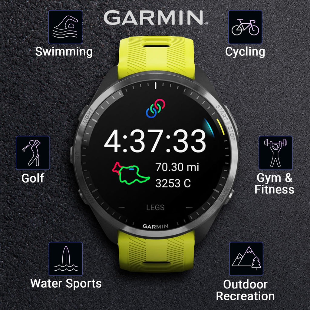 Garmin Forerunner 965 Premium GPS Running and Triathlon 47 mm Smartwatch with AMOLED Touchscreen Display, Carbon Gray DLC Titanium Bezel and Yellow Silicone Band + Black Earbuds Bundle