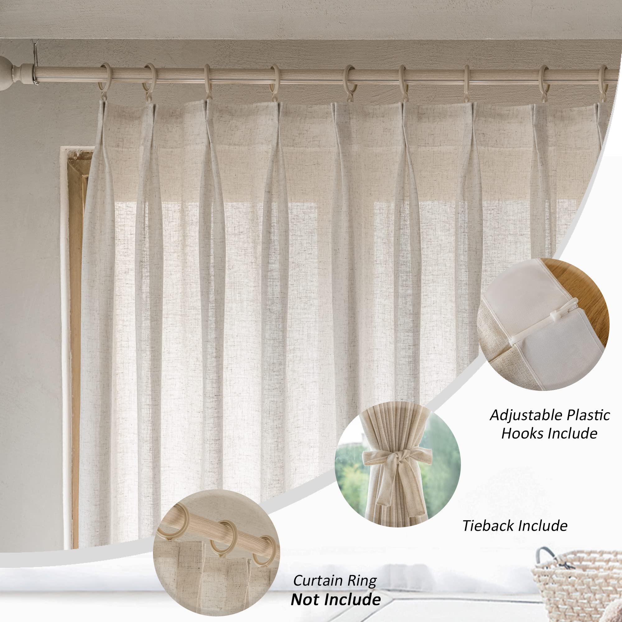 MAIHER Linen Textured Pleated Curtains 63 Inches Long for Living Room, Light Filtering Pinch Pleat Semi Sheer Drapes Curtains with Tieback and Hooks, Natural Linen (1 Panel, 54" W x 63" L)