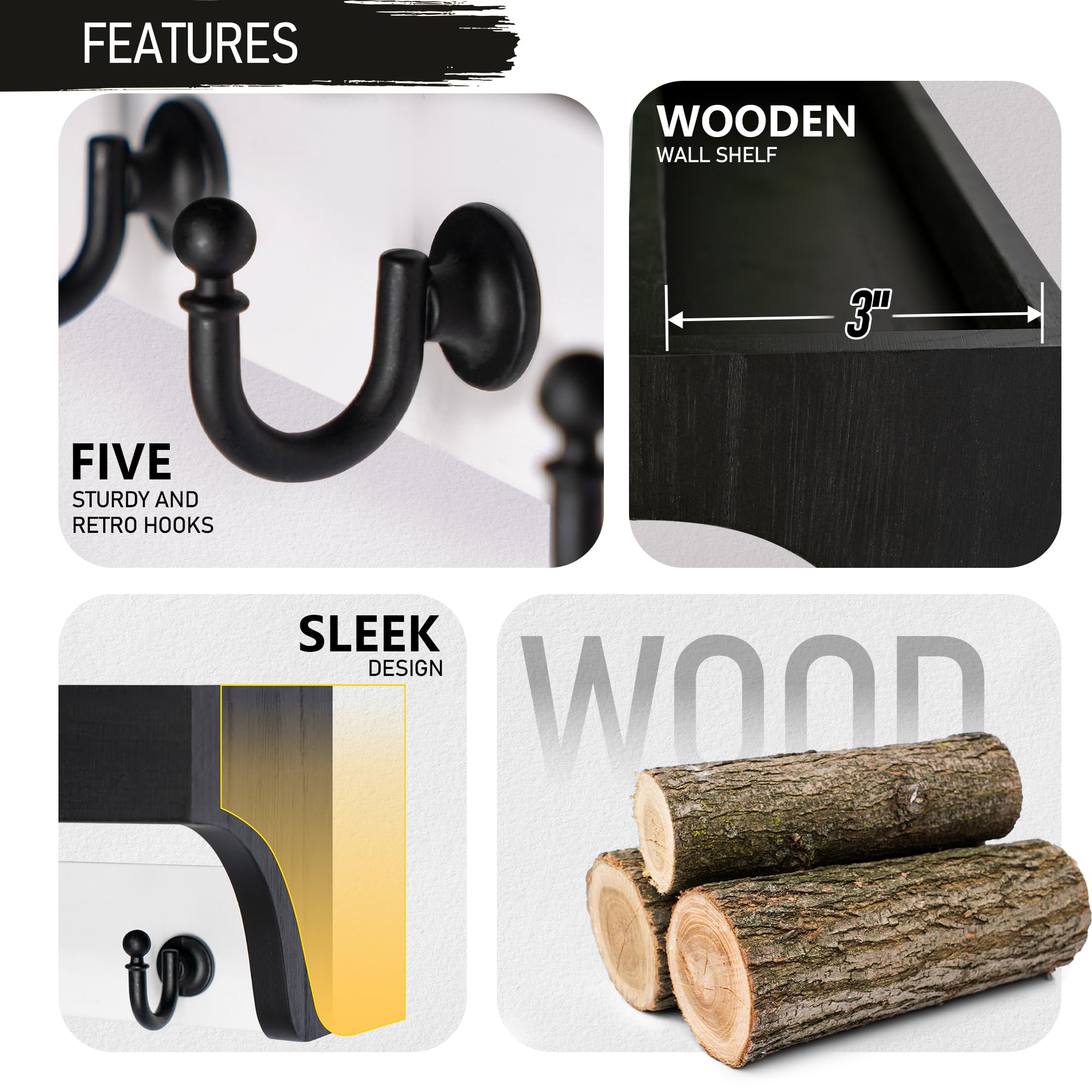 Rebee Vision Acacia Wood Farmhouse Key Holder Wall Mount for Room Decor – Retro Key Holder for Wall with Shelf for Cute Things– Stylish Home Storage for Apartment Essentials (Acacia Wood)