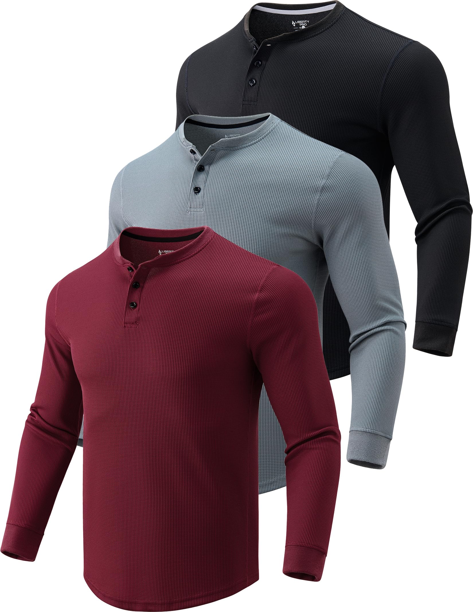 Liberty Pro 3 Pack Mens Waffle Henley Thermal Long Sleeve Shirts, Casual Fitted Fall Shirts for Men