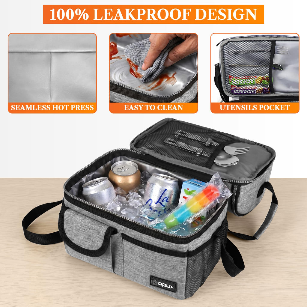 opux Insulated Lunch Bag Women Men, Dual Compartment Leakproof Lunch Box Adults Kids, Double Decker Meal Prep Bento Lunch Cooler Tote with Shoulder Strap for Work Office School Travel, Black