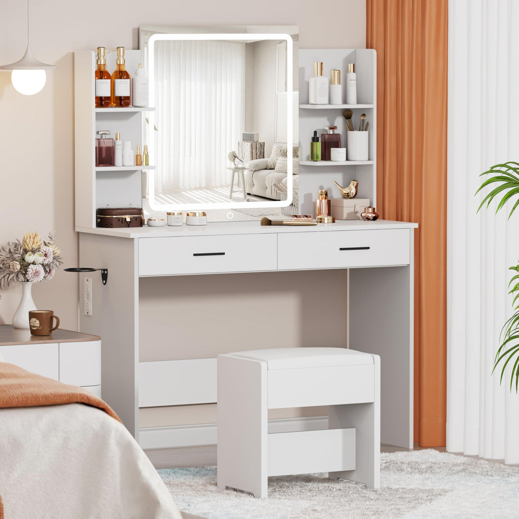 YIKEHOME Makeup Vanity Desk with Mirror and 10 Lights, 3-Colour Hollywood Brighter Bulbs, Vanity Table Set with Large Drawers and and Charging Station for Bedroom Dressing Room White