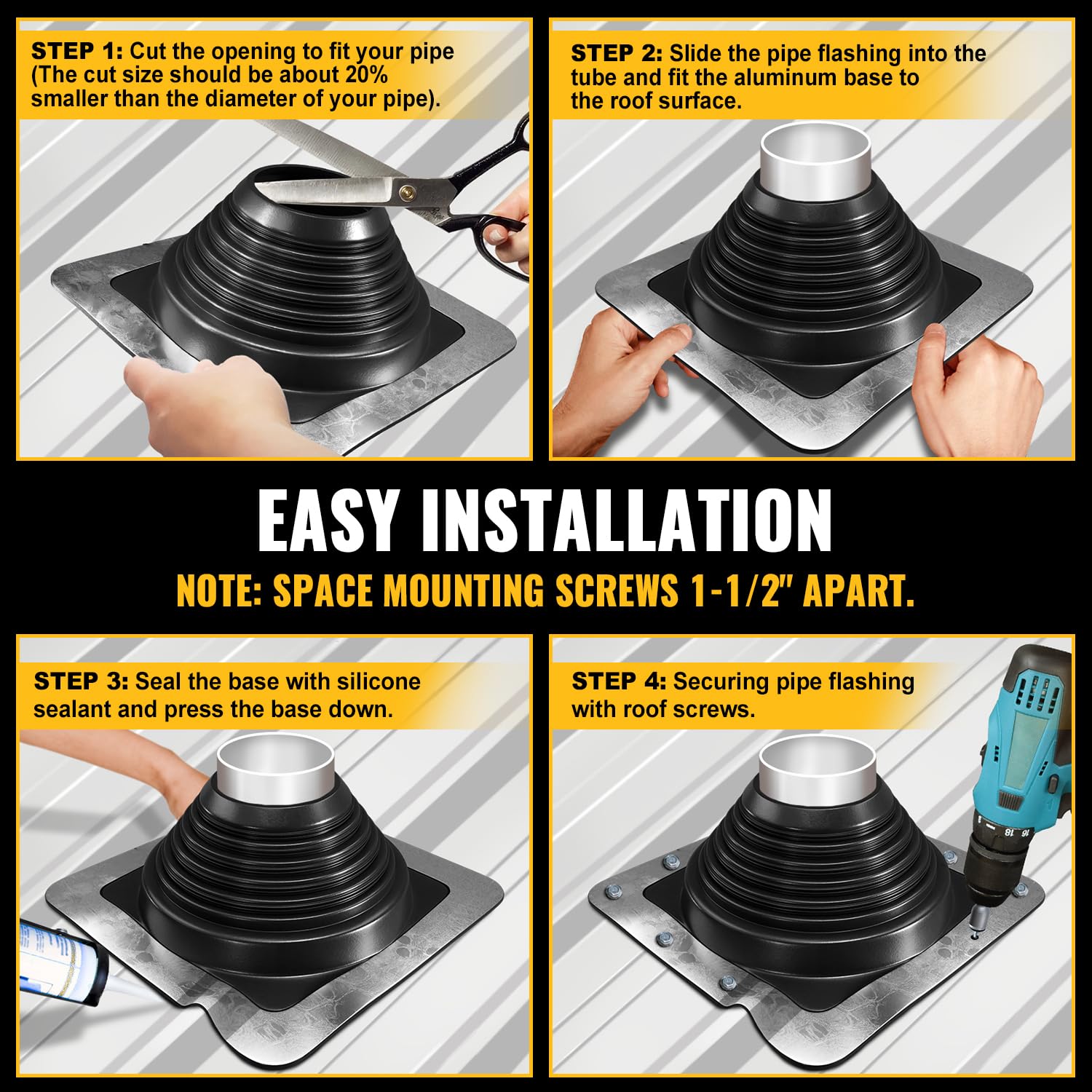 VIVIDA #1 Metal Roof Pipe Flashing, Metal Roofing Pipe Boot Kit, High Temp Silicone Vent Boot, for Tube OD 1/4" to 2", Square Base, Screws & Hex Socket Included, 1 Pack, Black