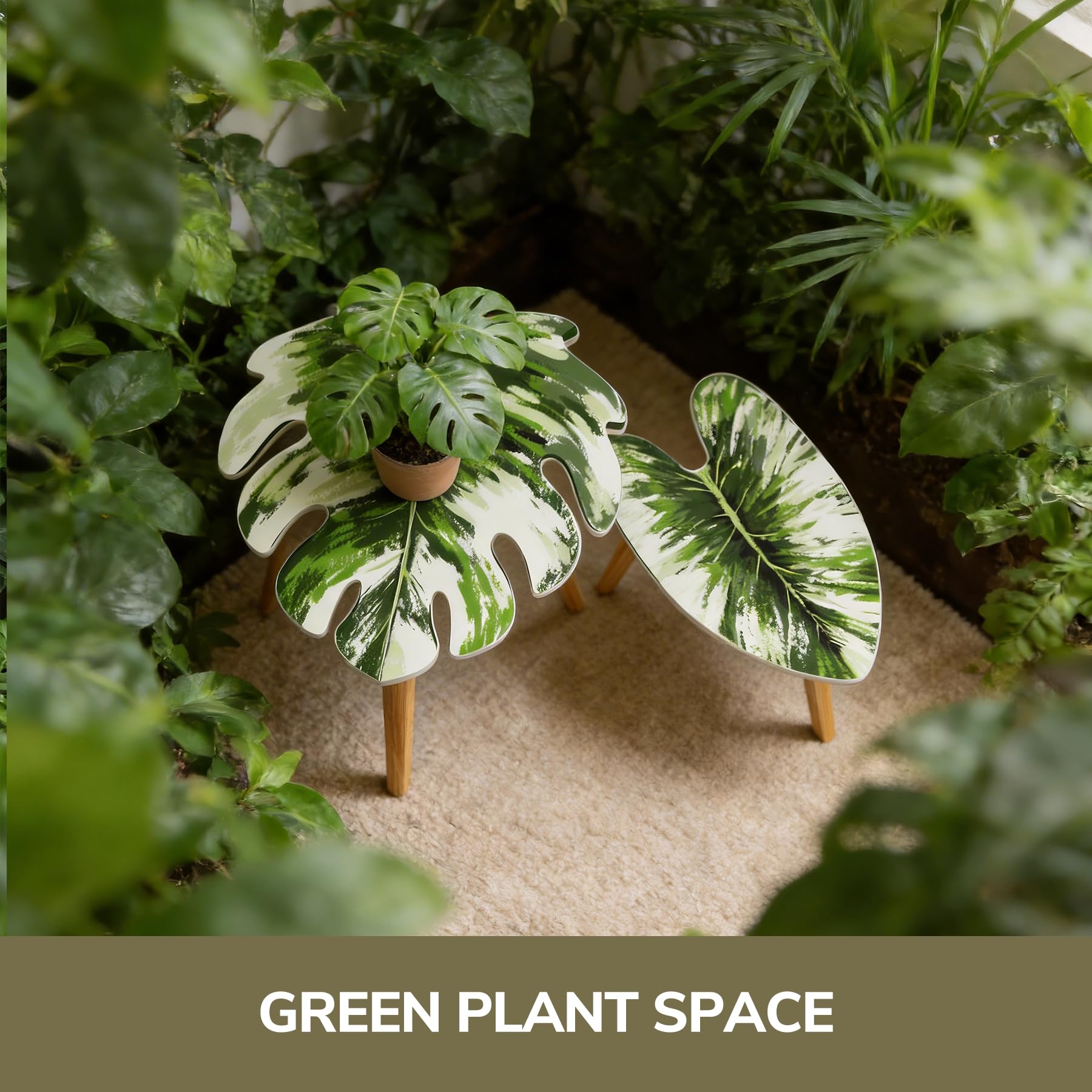 BAMEOS Monstera Leaf Nesting Tables Set of 2, Small Side Tables f Set with Leaf Vein Pattern, Modern Wooden CoffeeTables for Living Room Bedroom Apartment Balcony Yard
