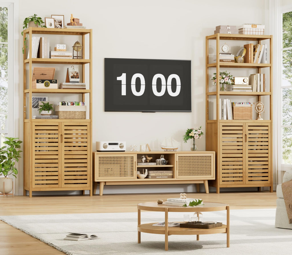 HIFIT Tall Bathroom Storage Cabinet, 66" Bamboo Narrow Bathroom Floor Cabinet with 2 Door & 4-Tier Open Shelves, Corner Tall Cabinets Freestanding Organizer Unit for Bath, Living Room, Entryway,Nature