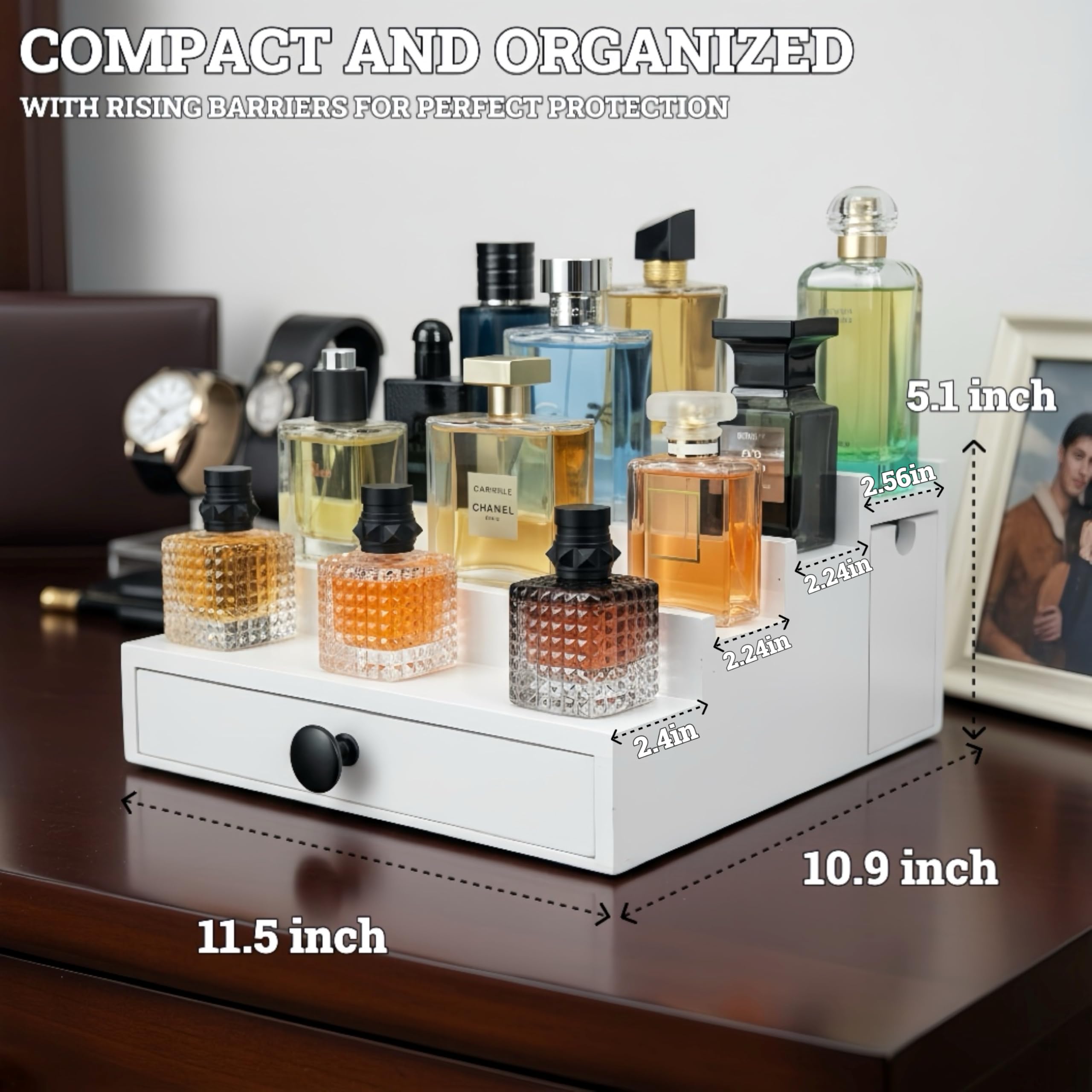 Wooden Cologne Organizer for Men 3 Tier | Black Perfume Holder Shelf for Dresser | High Grade Velvet Lining and Stylish Gift Box | Uncluttered Design Perfume Display Stand