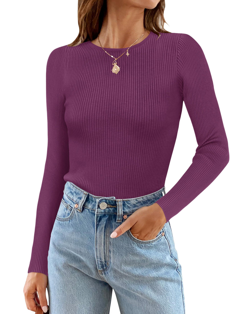 ZESICA Women's Long Sleeve Crewneck Shirts 2026 Spring Ribbed Knit Sweater Slim Fitted Casual Basic Tee Tops