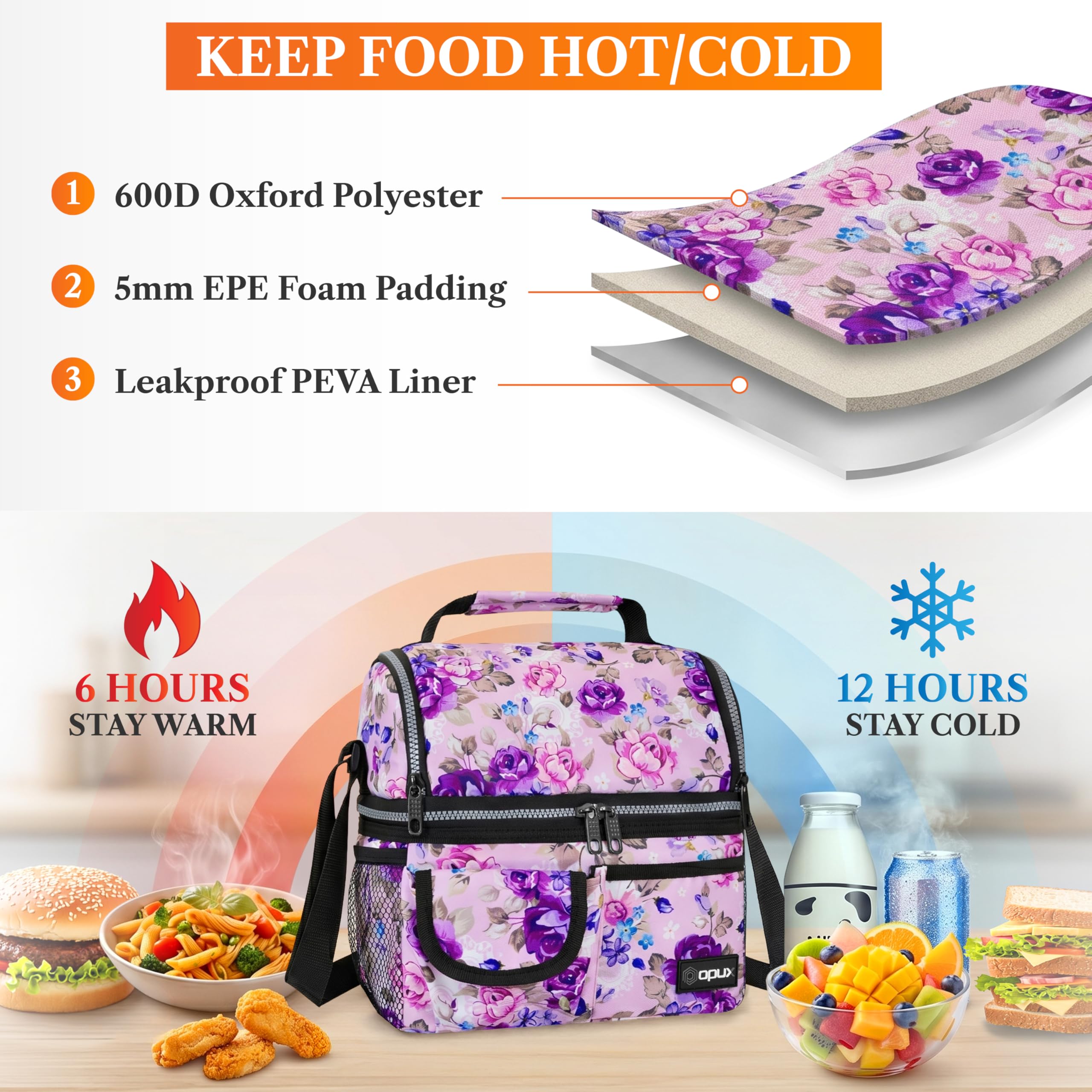 opux Insulated Lunch Bag Women Men, Dual Compartment Leakproof Lunch Box Adults Kids, Double Decker Meal Prep Bento Lunch Cooler Tote with Shoulder Strap for Work Office School Travel, Black