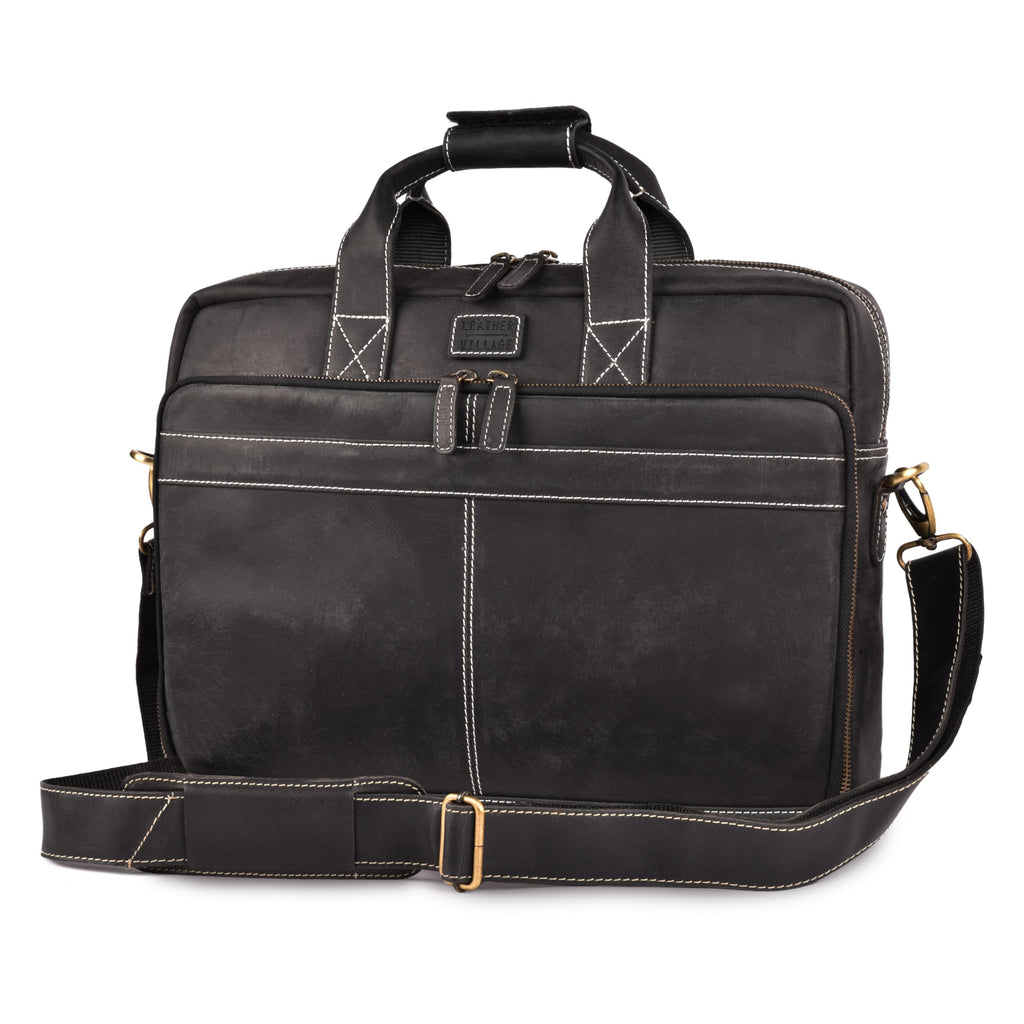 LEATHER VILLAGE 16" Leather Laptop Messenger Briefcase Bag for Men-Leather Satchel for Travel and Office Shoulder Bag-Black