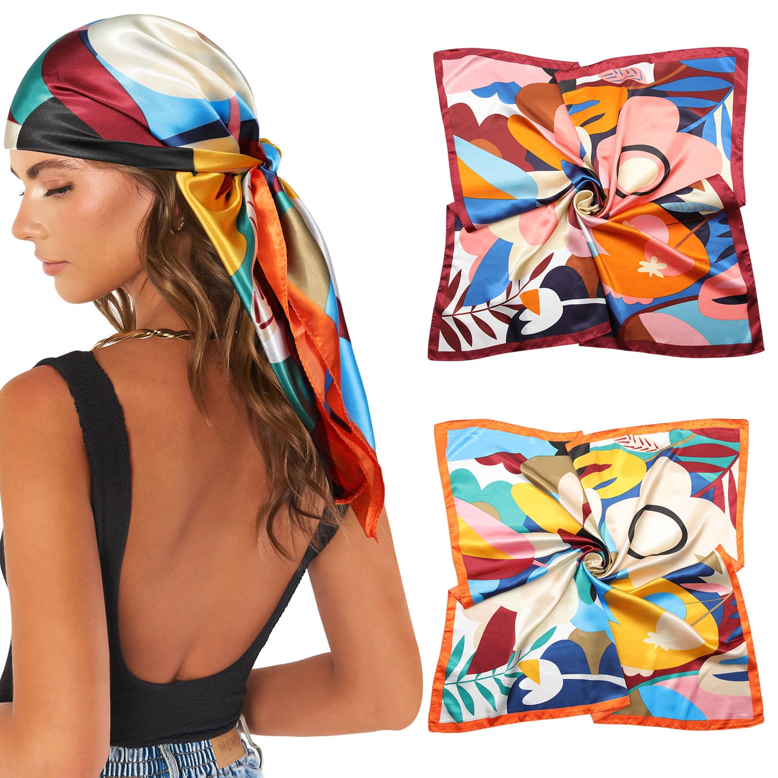 AWAYTR 35” Large Satin Square Head Scarf - 2Pcs Silk Like Floral Head Scarves Square Satin Hair Scarf Bandanas for Women