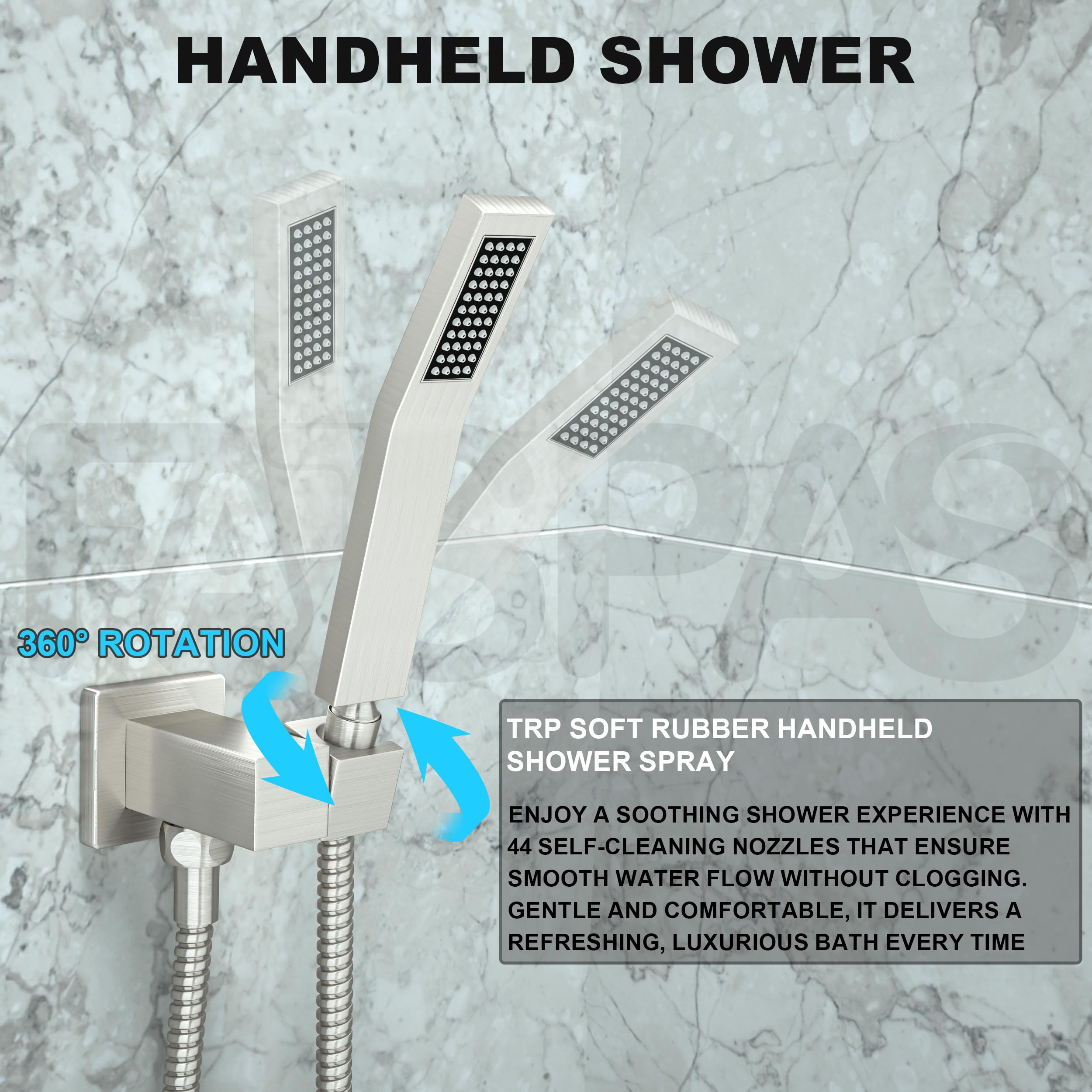 Brushed Gold Shower System with 10-Inch Rain Showerhead and Tub Spout | cUPC-certified pressure balance brass valve to prevent scalding, CEC-certified air injection technology for low pressure