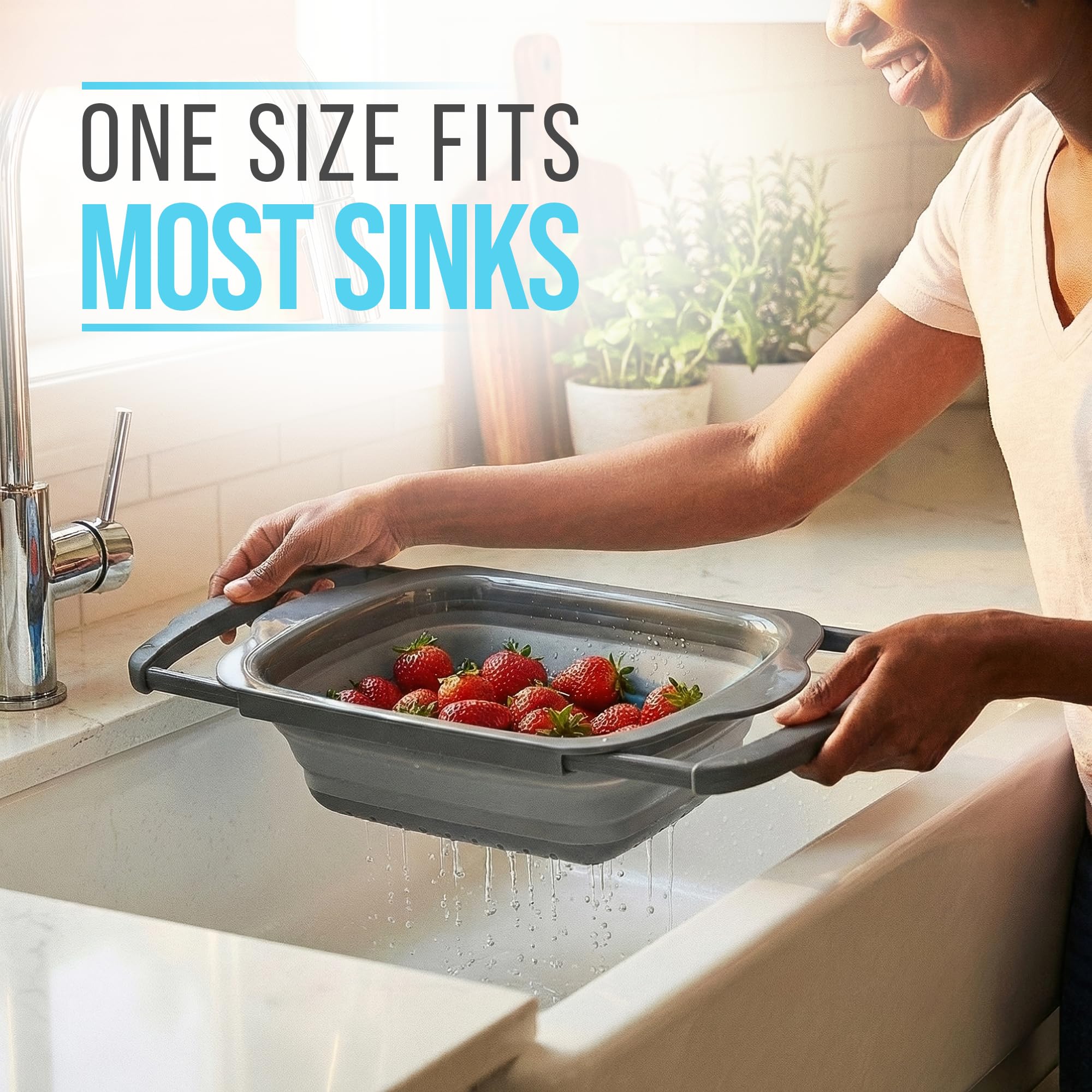 Comfify Over-the-Sink Colander with Handles – Sleek Plastic Black Kitchen Strainer for Pasta, Vegetables & Fruits – Space-Saving Design – 17.1 x 10.2 x 1.75 Inches