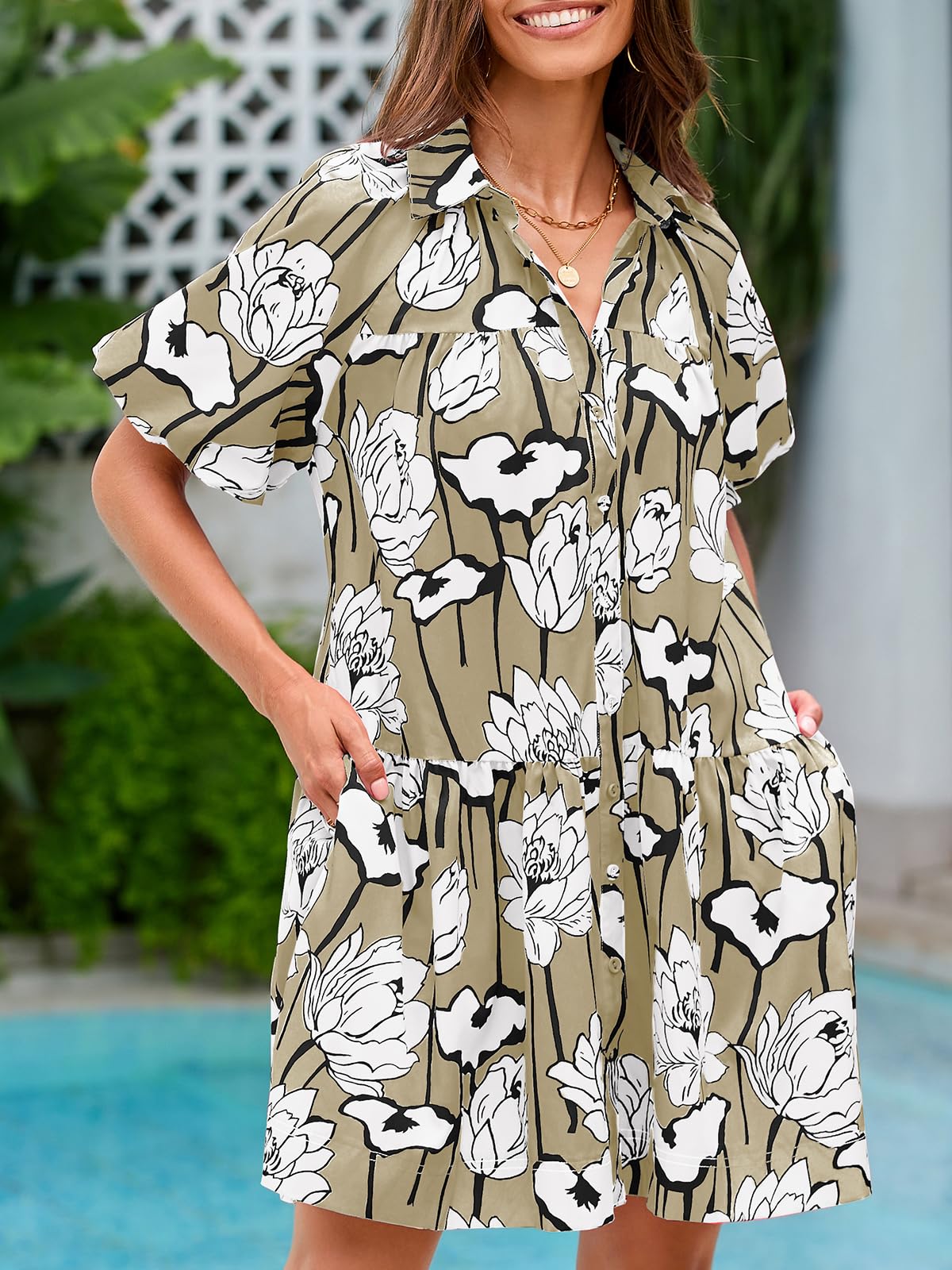 Wenrine Women's Summer Button Down Shirt Dress Floral Puff Short Sleeve Casual Loose Fit Beach Mini Dresses