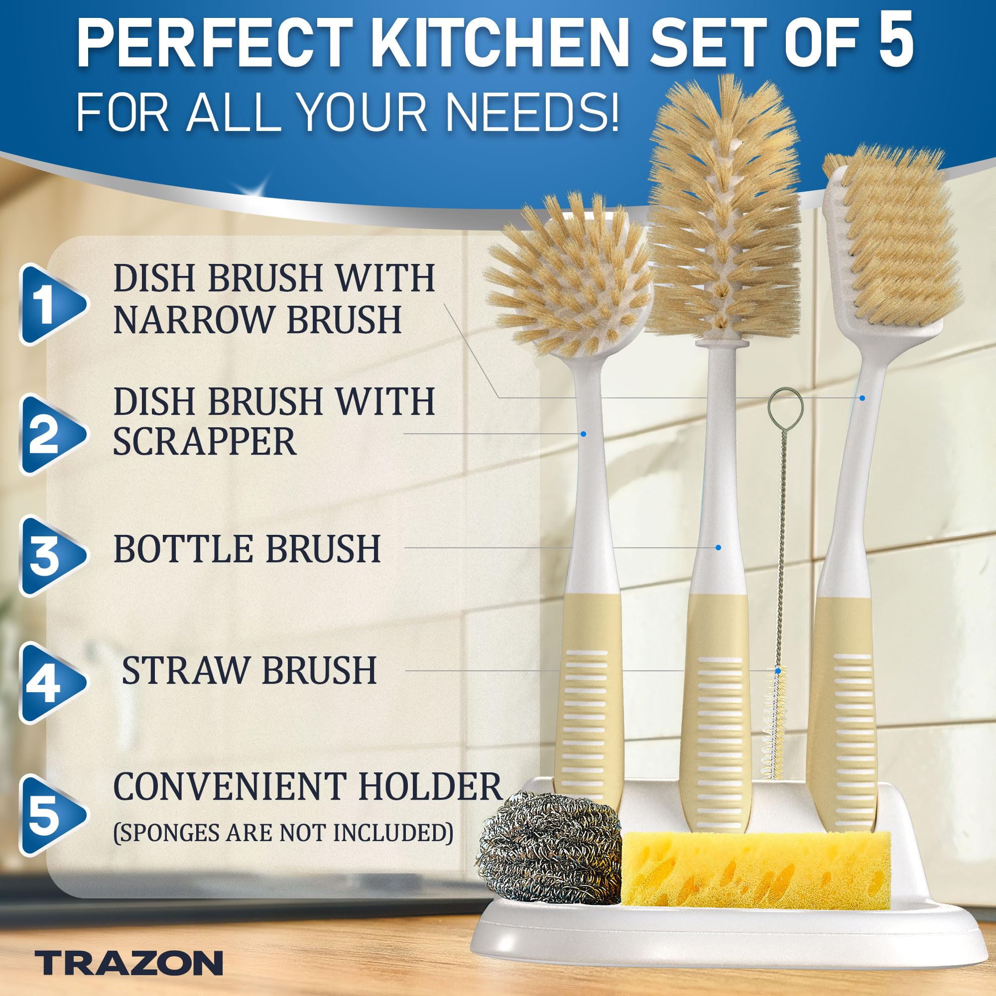 Dish Brush Set of 5 with Holder - Kitchen Scrub Brushes with Non-Slip Long Handle for Cleaning, Scrubber, Dishwashing, Dishes, Bottles, Straws, Cups, Pots & Sink, Baige