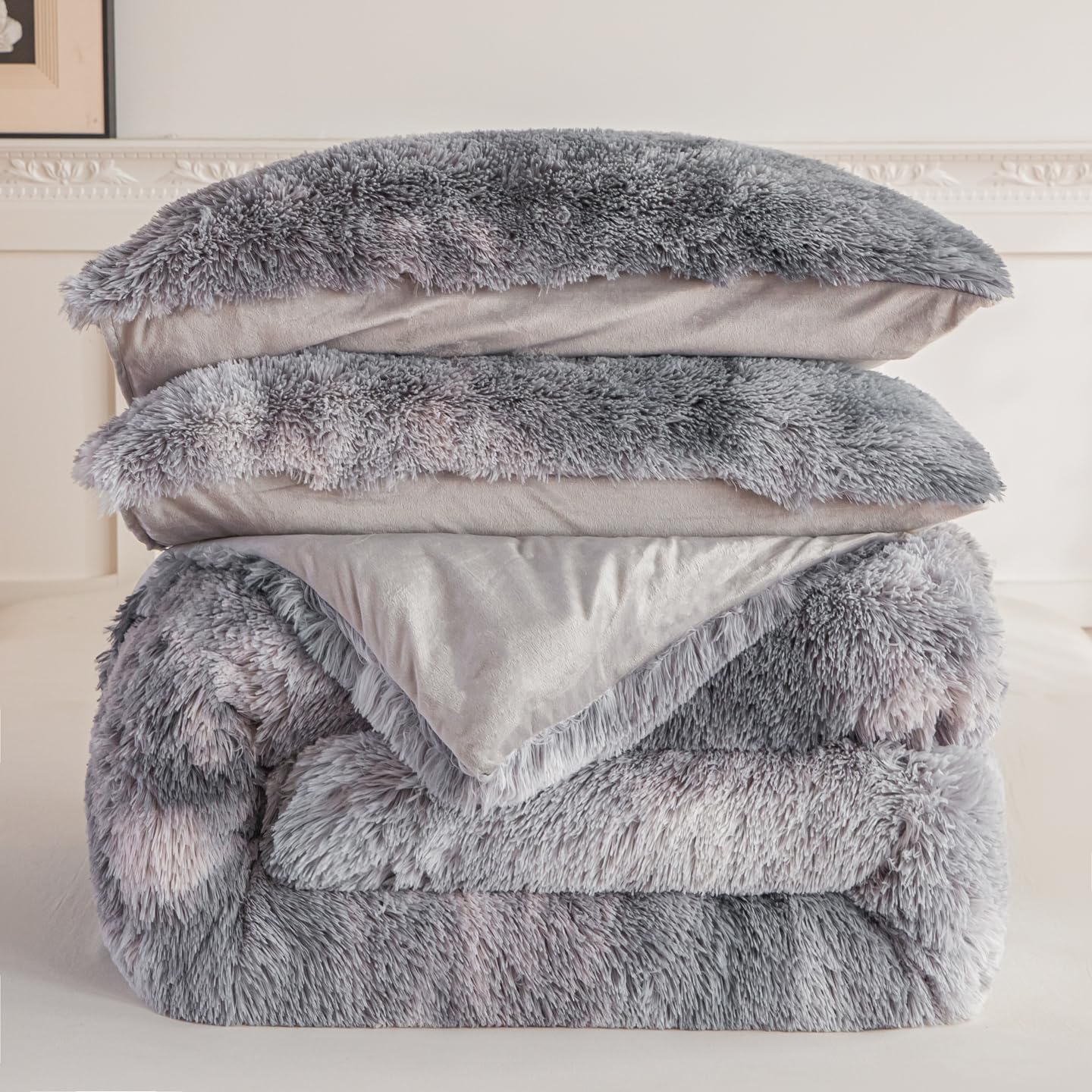 Faux Fur Kids Girls Purple Rainbow Comforter Sets Twin/Full - 3PC Bed Set Warm Comfortable Soft Plush Flannel Velvet Fluffy Fuzzy Bedding（Comforter x 1 Pillowcases x 2）