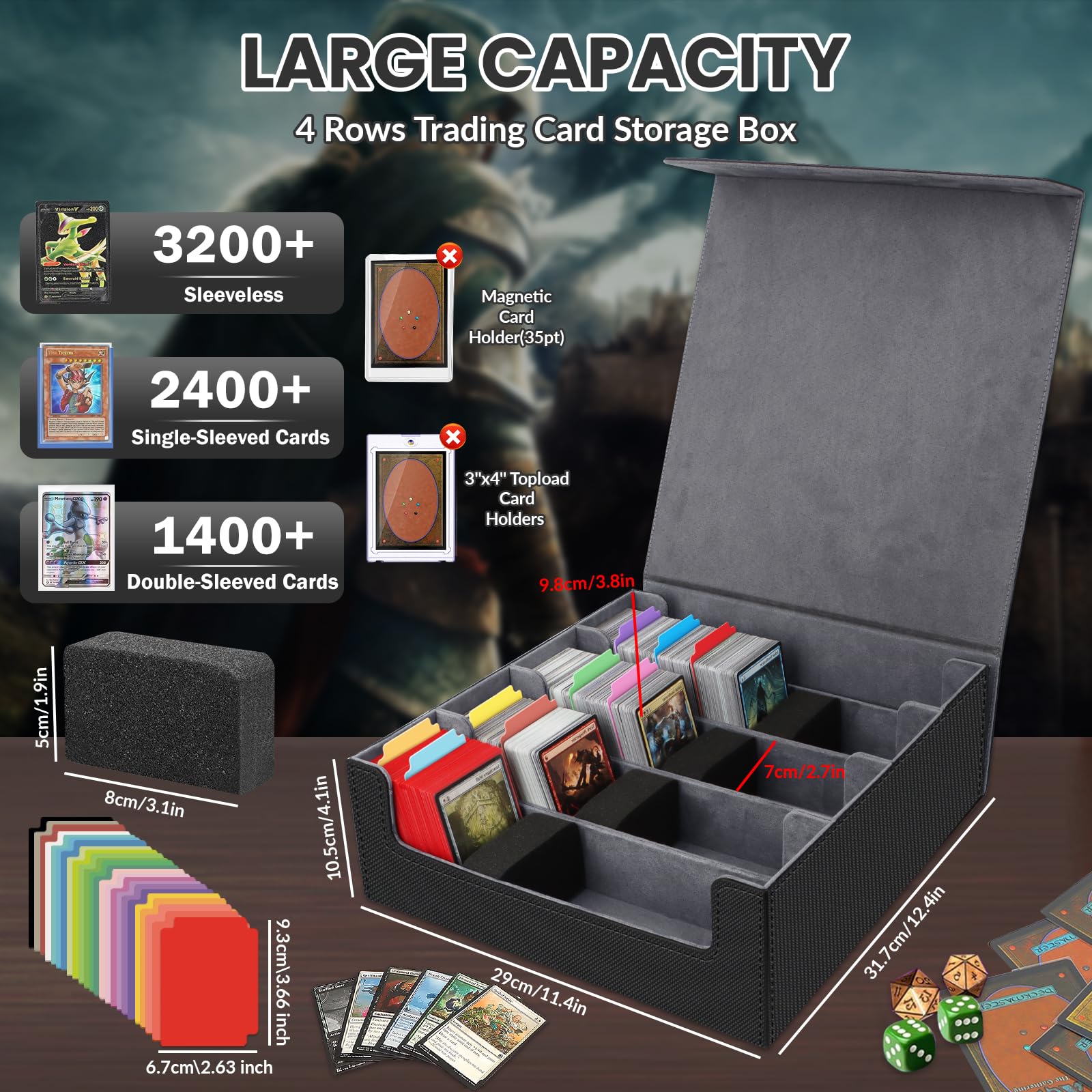 AOBOPLE Trading Card Storage Box,3200+ Card Box Storage with 24 Dividers and 4 Foam Supporters PU Leather Magnetic Cards Deck Case for MTG TCG Magic and Sport Cards,Great Gift for Card Collectors