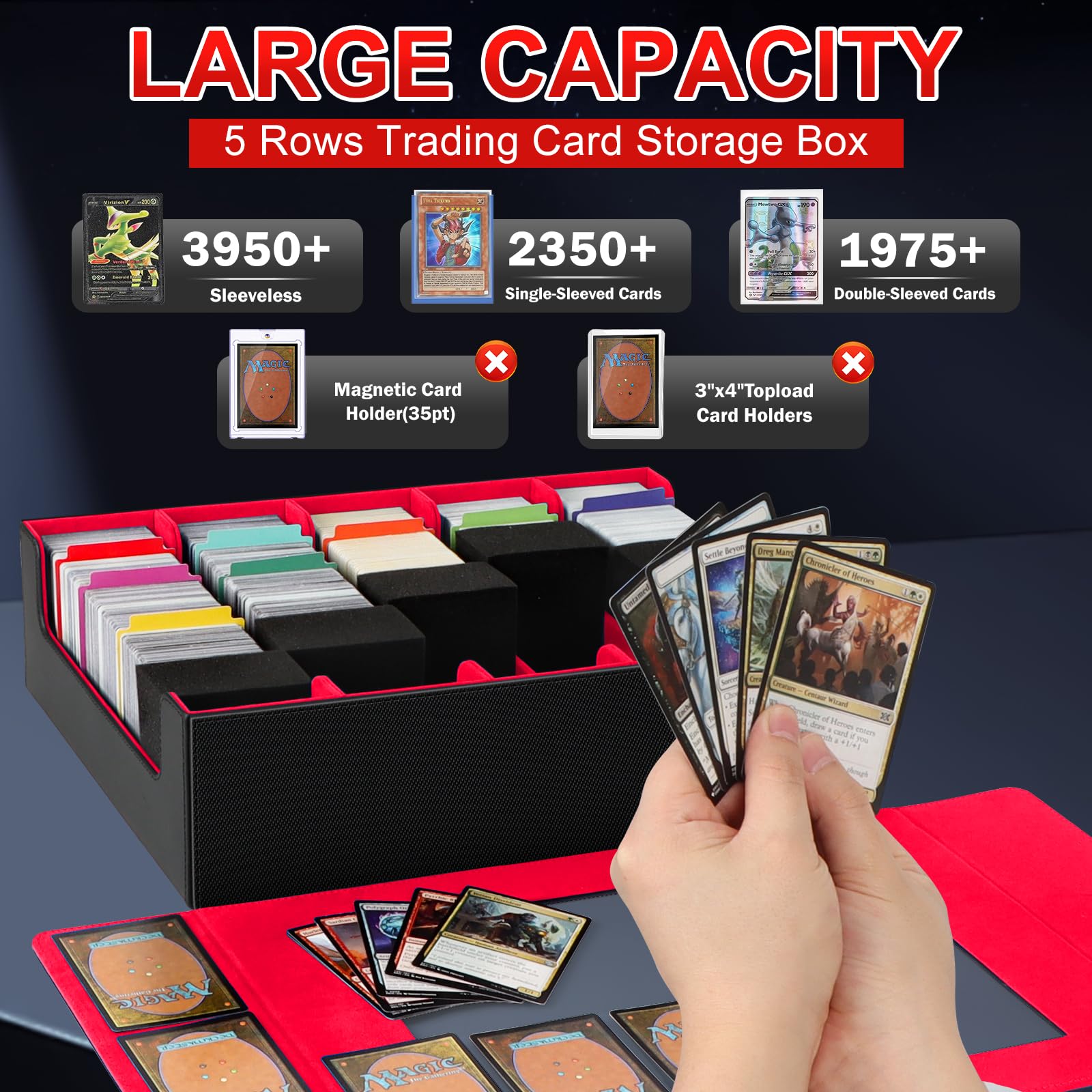 AOBOPLE Trading Card Storage Box,3200+ Card Box Storage with 24 Dividers and 4 Foam Supporters PU Leather Magnetic Cards Deck Case for MTG TCG Magic and Sport Cards,Great Gift for Card Collectors