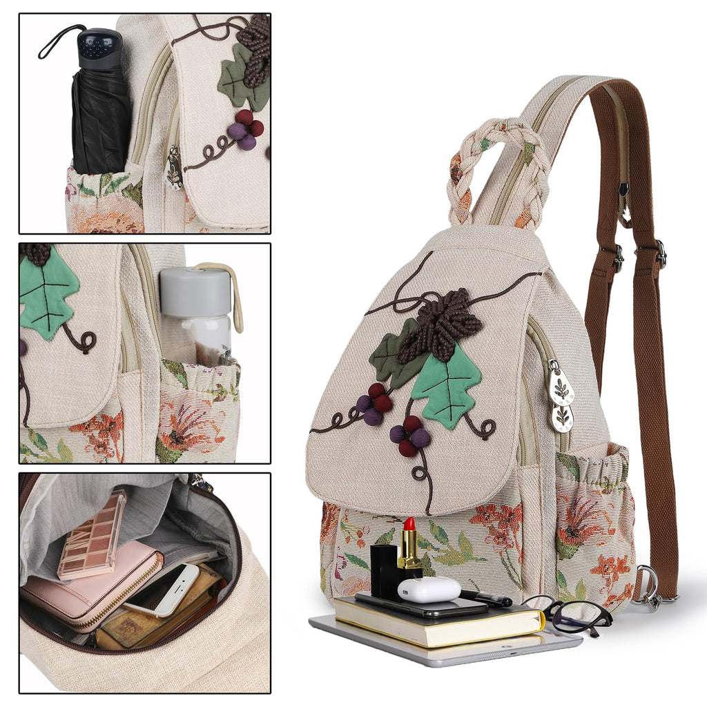 Ladys Convertible Sling Bag, Hand Craft Artisan Purse, Girls Beautiful Canvas Premium Casual Day Mini Backpack for Women (Flower Bee)