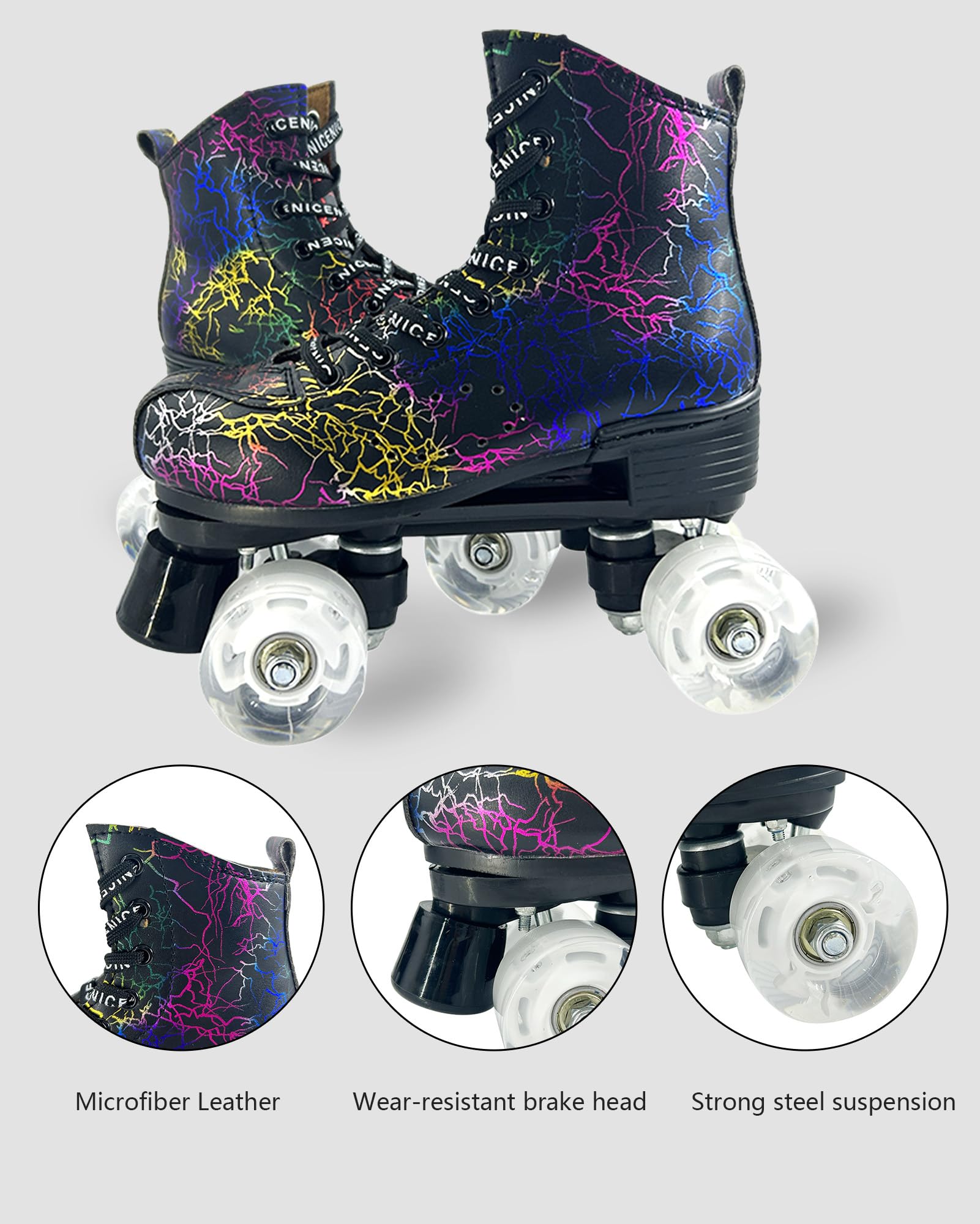 Roller Skates for Men and Women, Black Derby Roller Skates with 4 Shiny Wheel, Classic Double-Row Roller Skates for Indoor and Outdoor