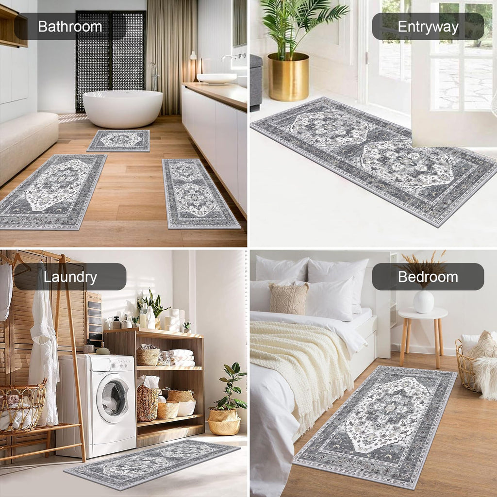 HEBE Boho Kitchen Rug Sets 3 Piece with Runner Non Slip Kitchen Rugs and Mats Washable Kitchen Mats for Floor Thick Kitchen Floor Mat Carpet Runner Rugs for Hallway Laundry Holiday Decor
