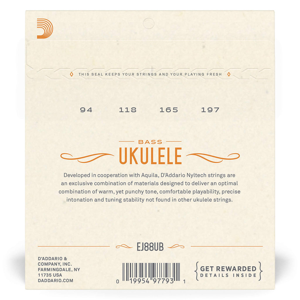 D'Addario Baritone Ukulele Strings, Fluorocarbon, EJ99B, 4-String Set, Pack of 1