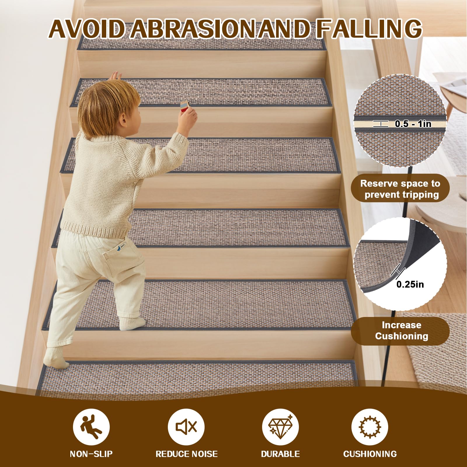 Non Slip Stair Treads for Wooden Steps, Square Rubber Backing Non Slip Stair Landing Mat, Thicken Linen Carpet Stair Runners Indoor, No Residue Stair Carpet Treads, 29"x29", Beige
