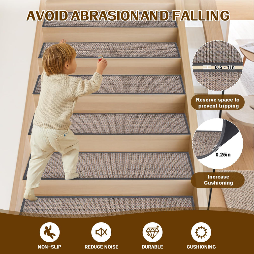 Non Slip Stair Treads for Wooden Steps, Square Rubber Backing Non Slip Stair Landing Mat, Thicken Linen Carpet Stair Runners Indoor, No Residue Stair Carpet Treads, 29"x29", Beige