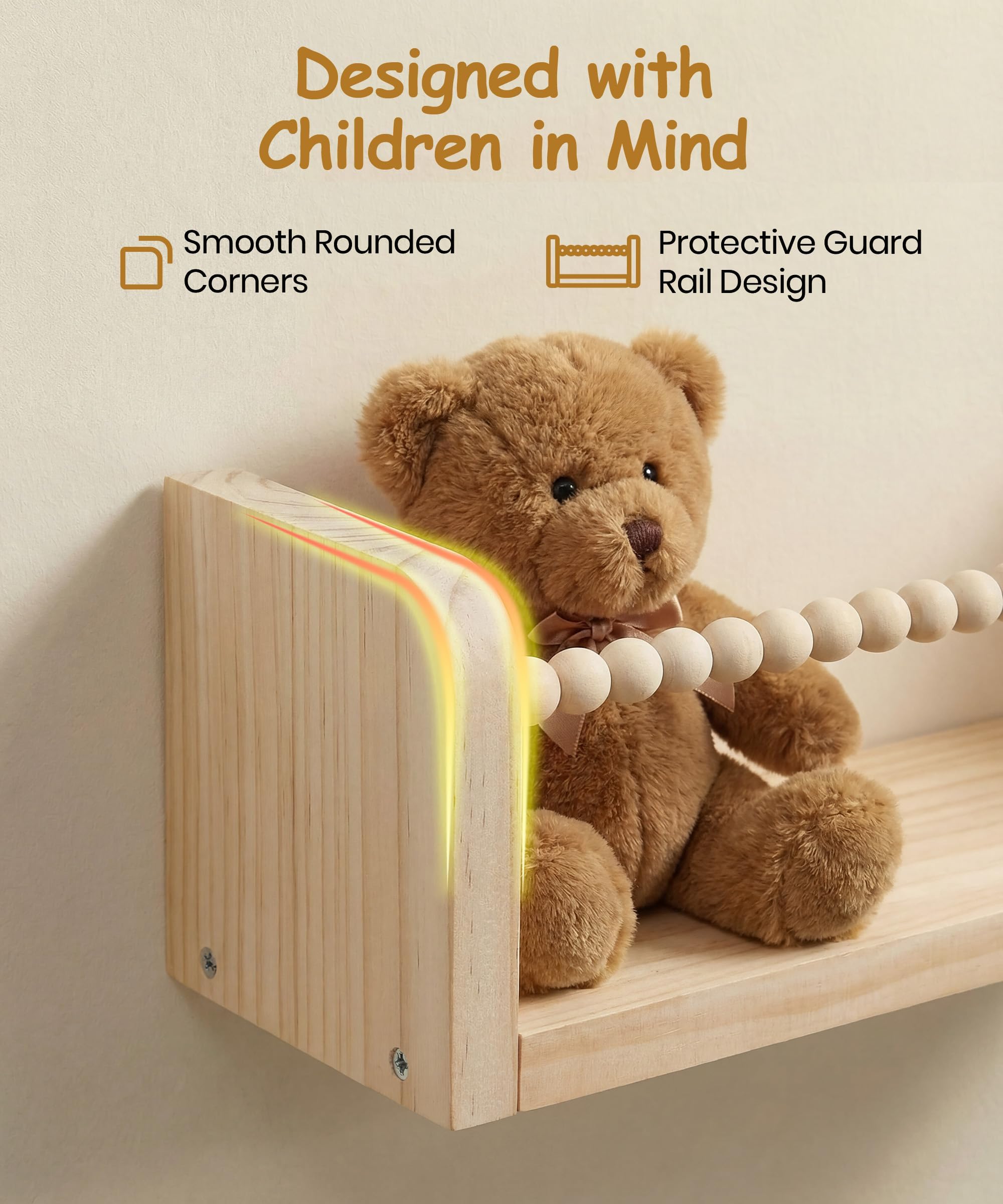 Nursery Book Shelves for Wall Set of 3, Natural Wood Bookshelves Wall Decor, Small Floating Shelf Organizer for Kids Room, Bedroom, Kitchen Spice Rack