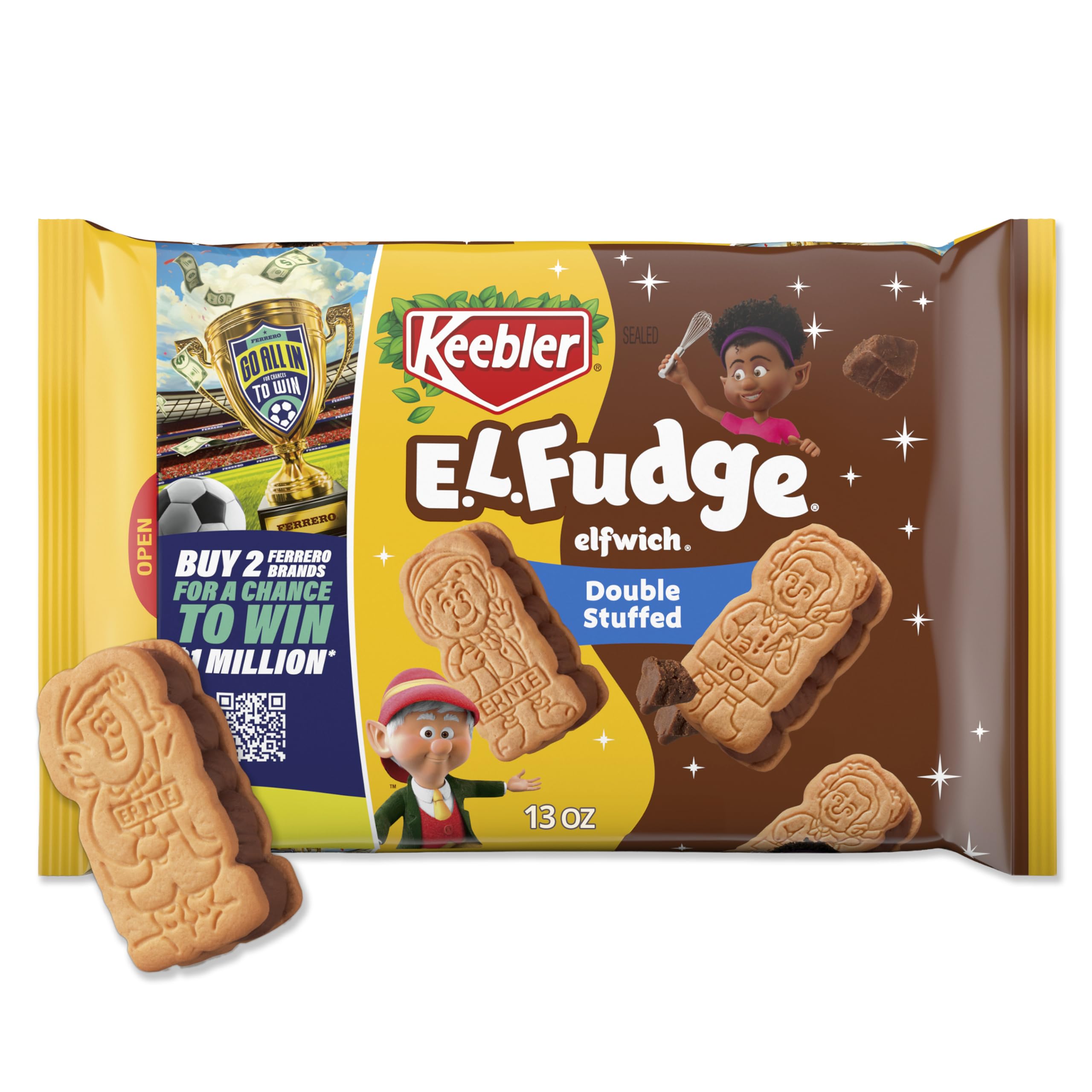 Keebler E.L. Fudge Double Stuffed Elfwich Cookies, Sandwich Cookies Stuffed with Crème Filling, 13 oz