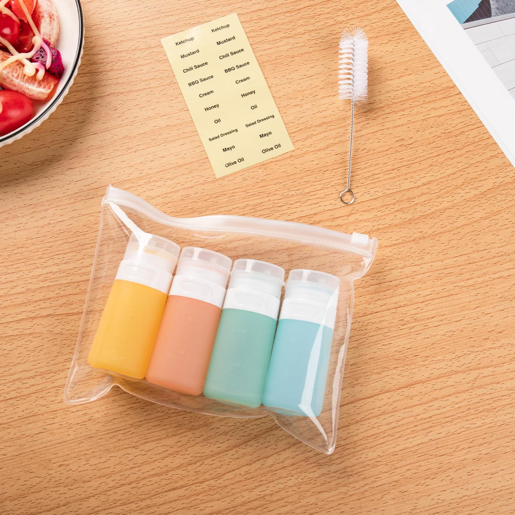 MICEBAY Condiment Squeeze Bottles for Sauces, 1-oz Mini Silicone Salad Dressing Container to Go with Snack Storage Bag, Leakproof Sauce Bottles for Lunch Box, 4 Pack, Blue