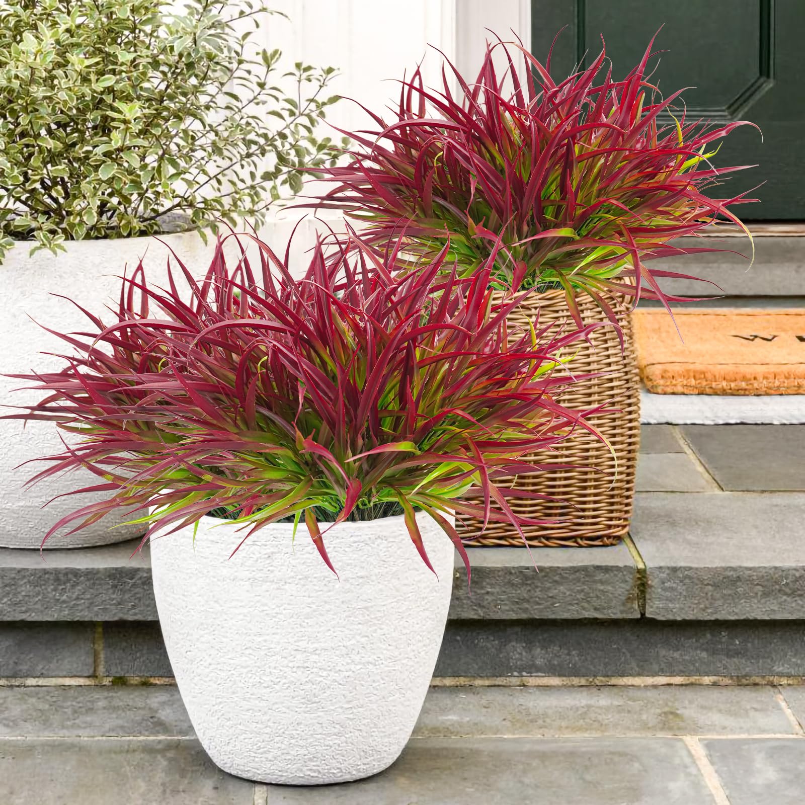 Uieke 28 Bundles Artificial Outdoor Plants UV Resistant Fake Grass Plants Faux Plastic Plants Greenery Shrubs for Home Garden Pathway Window Box Front Porch Cemetery Fall Decor, Autumn Red